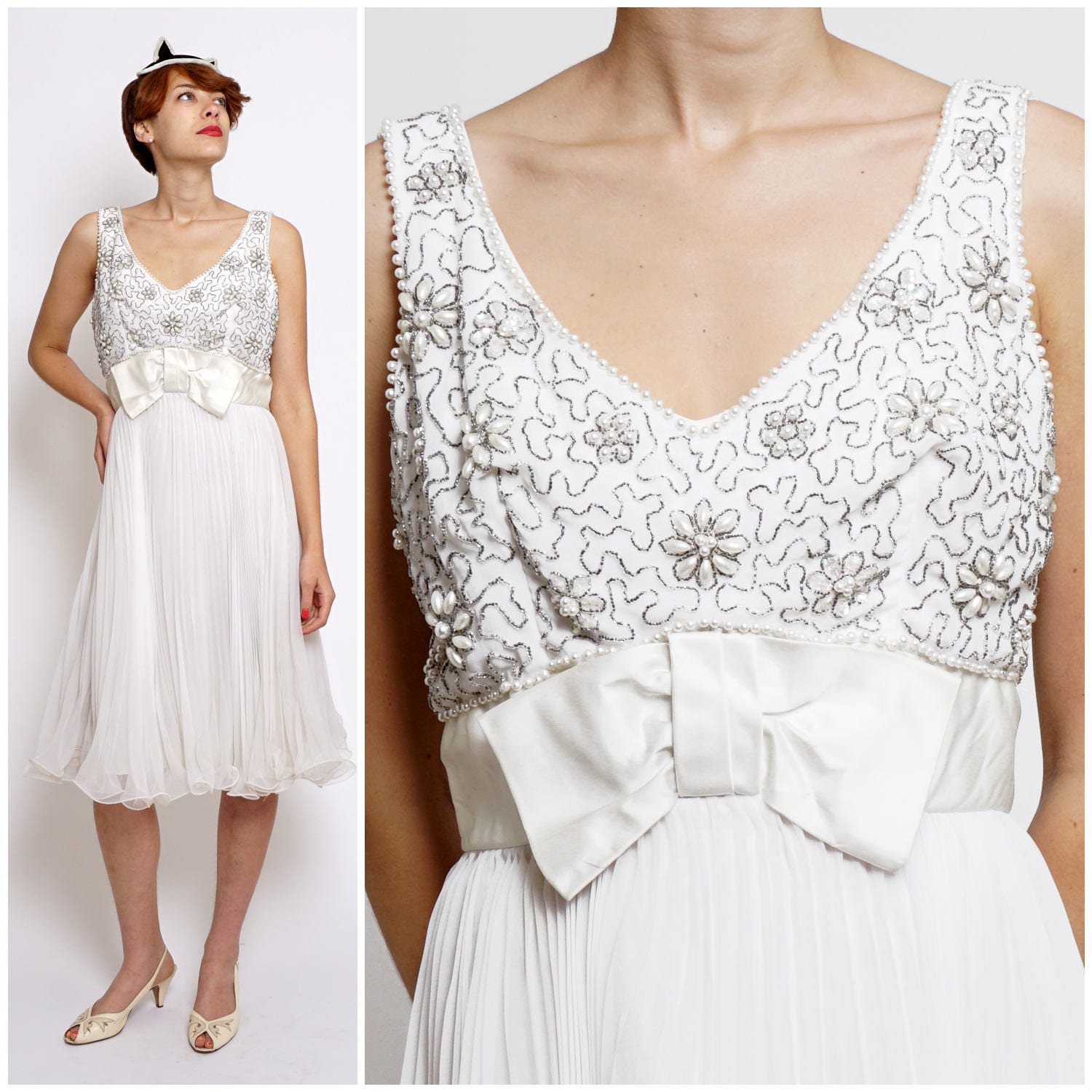 Jahrgang 60's Elegante Weiße Stark Perlen Ärmelloses Kleid Mit Schleife Taille Und Chiffon Faltenrock Von Miss Elliette | Kleine Mittlere von AnimalHeadVintage