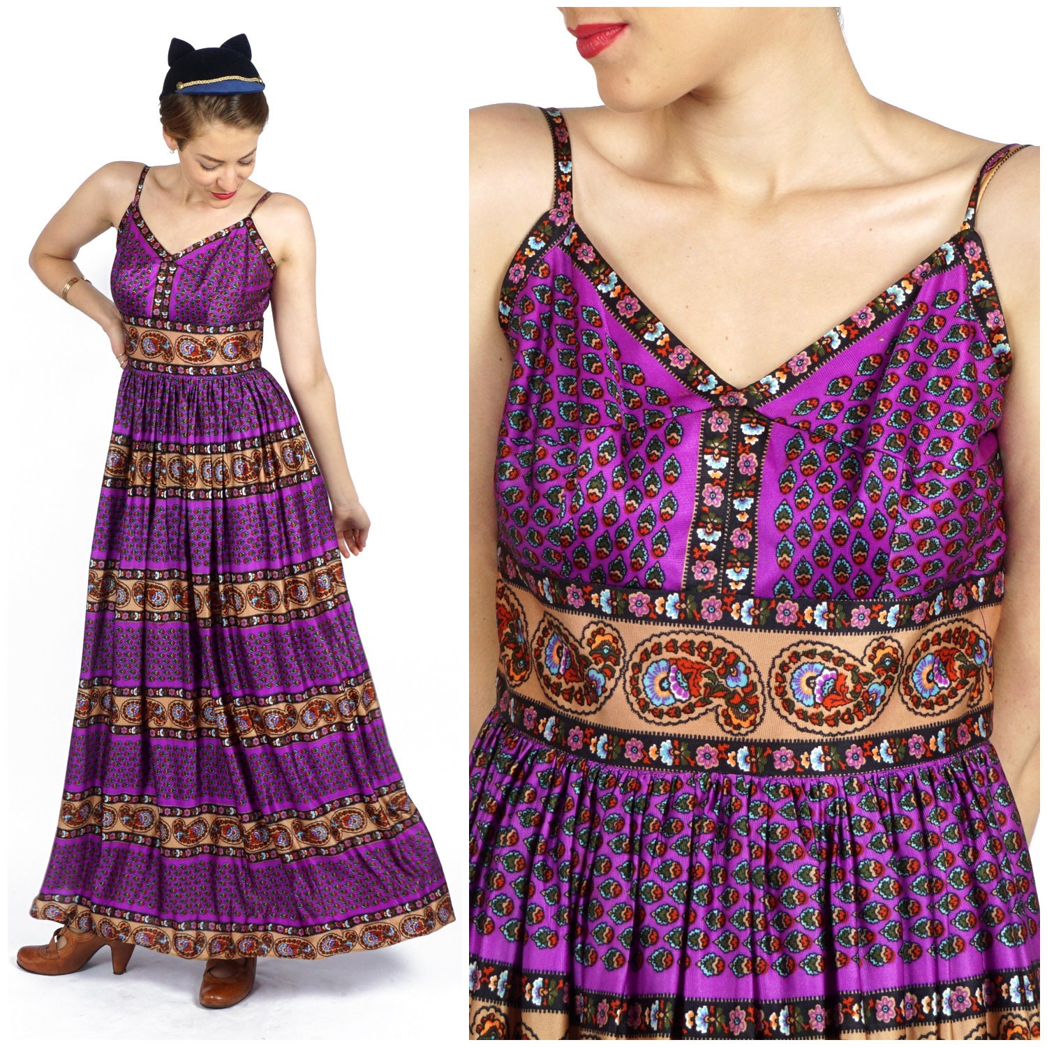 Lebendiges Vintage 60Er/70Er Jahre Lila & Bronze Floral Paisley Gedrucktes Maxikleid in Voller Länge | Mittel von AnimalHeadVintage