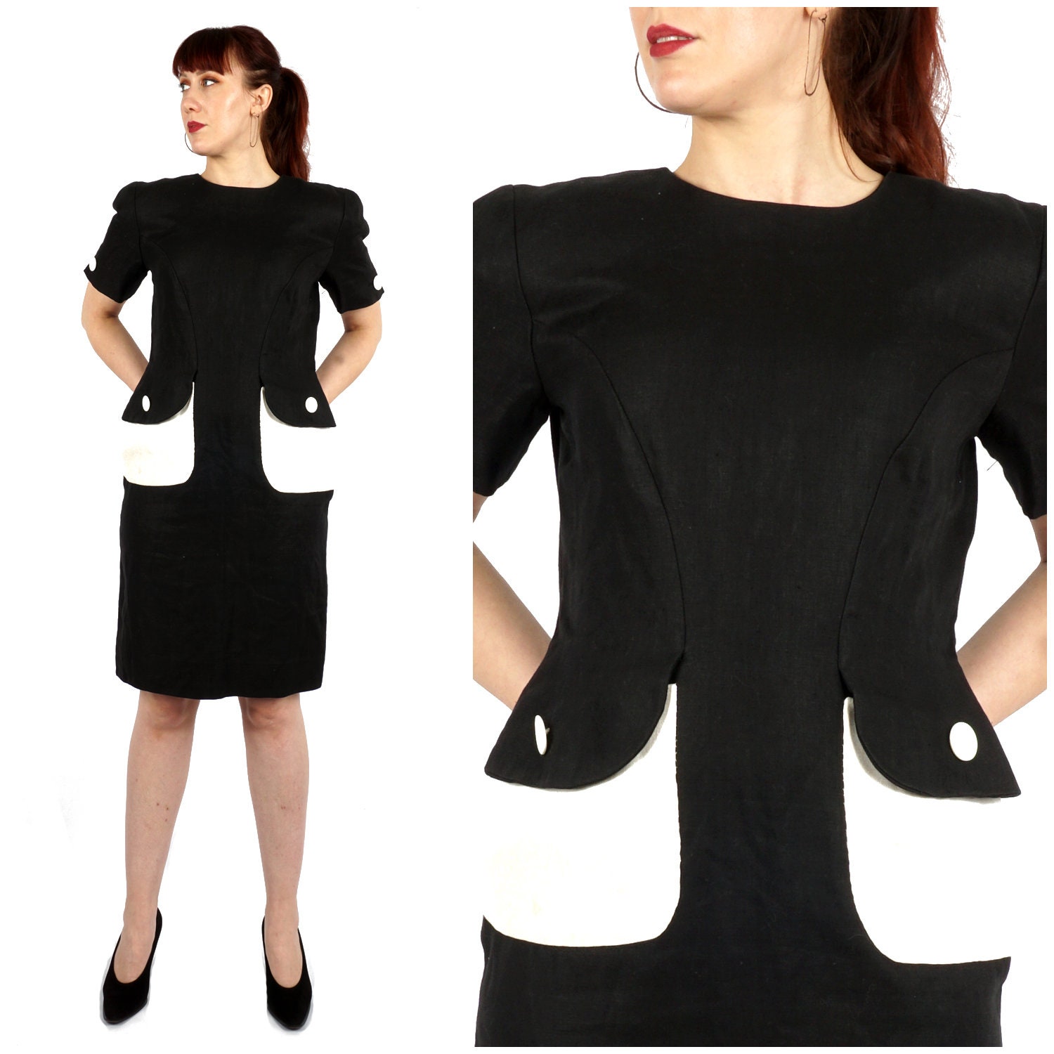 Schickes Vintage 80Er/90Er Jahre Leinen Schwarz-Weißes Etuikleid Mit Übergroßen Taschen Von Bill Blass | Groß von AnimalHeadVintage