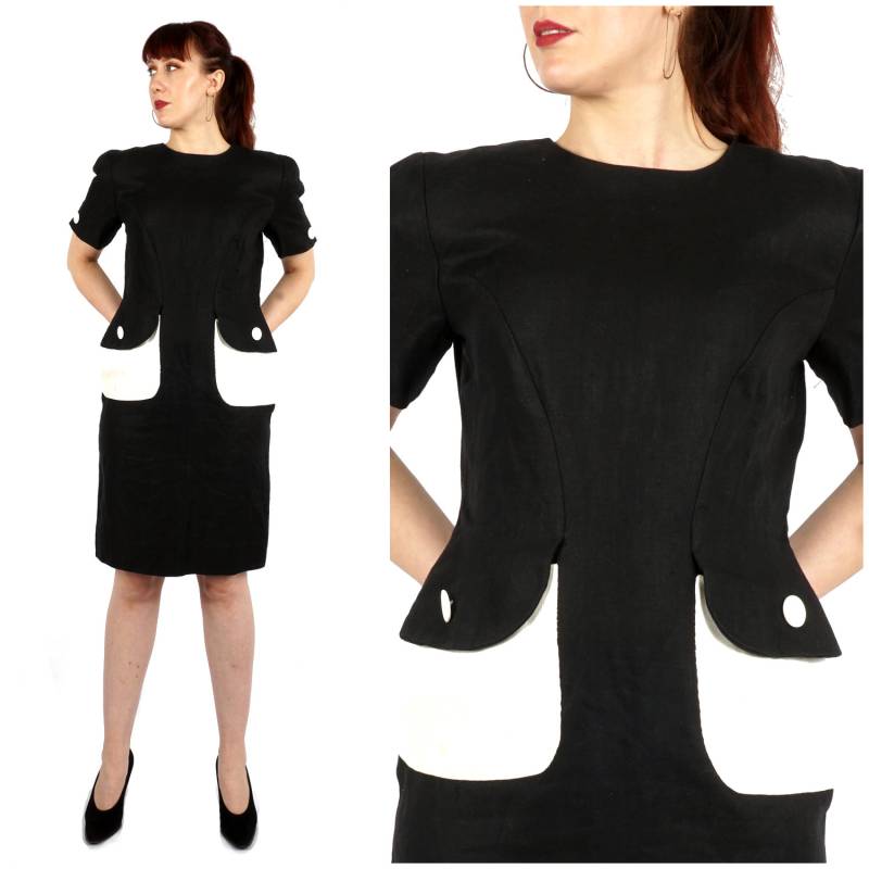 Schickes Vintage 80Er/90Er Jahre Leinen Schwarz-Weißes Etuikleid Mit Übergroßen Taschen Von Bill Blass | Groß von AnimalHeadVintage