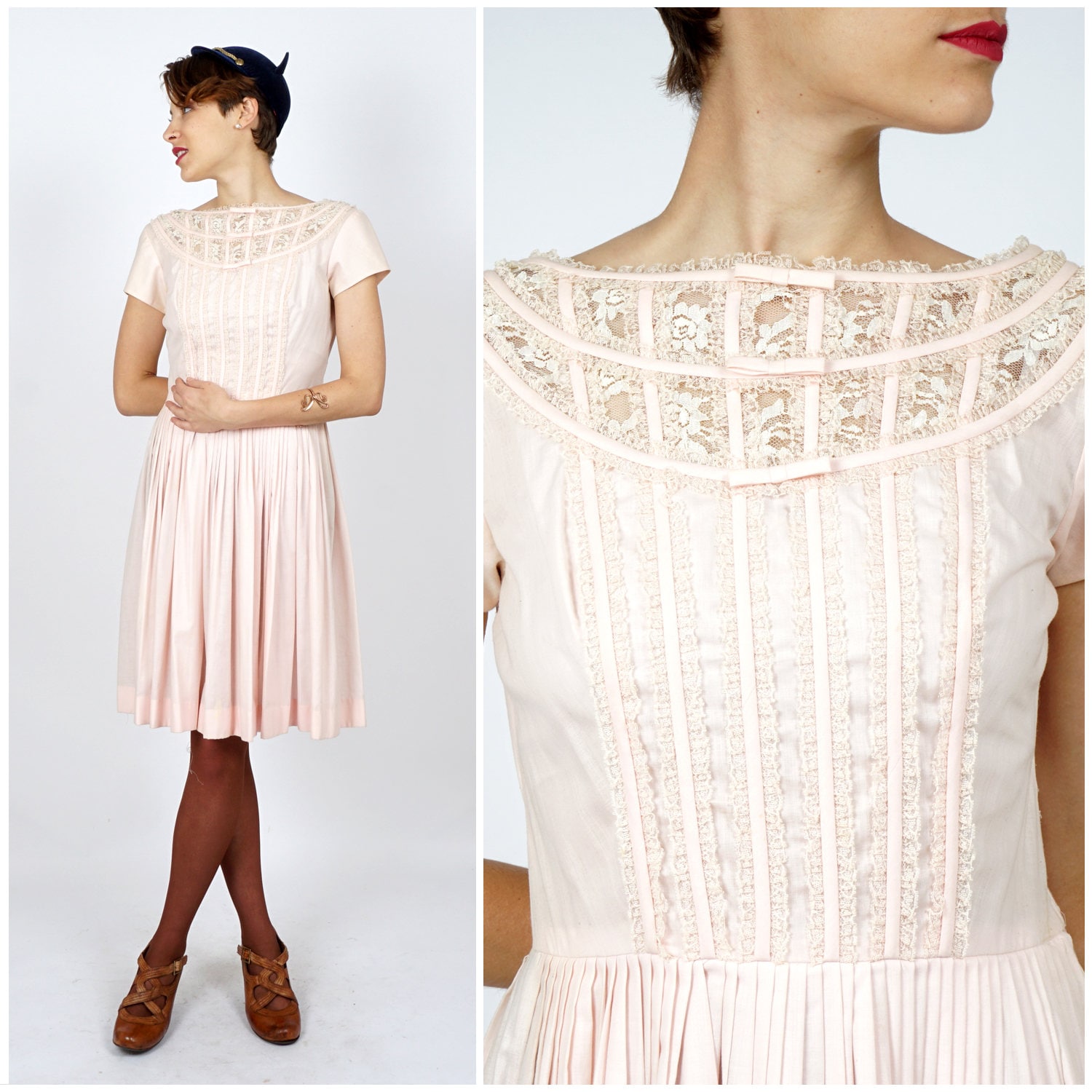 Süßes Vintage 1950S Baby Rosa Baumwollkleid Mit Gitter-Spitzendetails Am Mieder Von Tailored Junior | Klein von AnimalHeadVintage