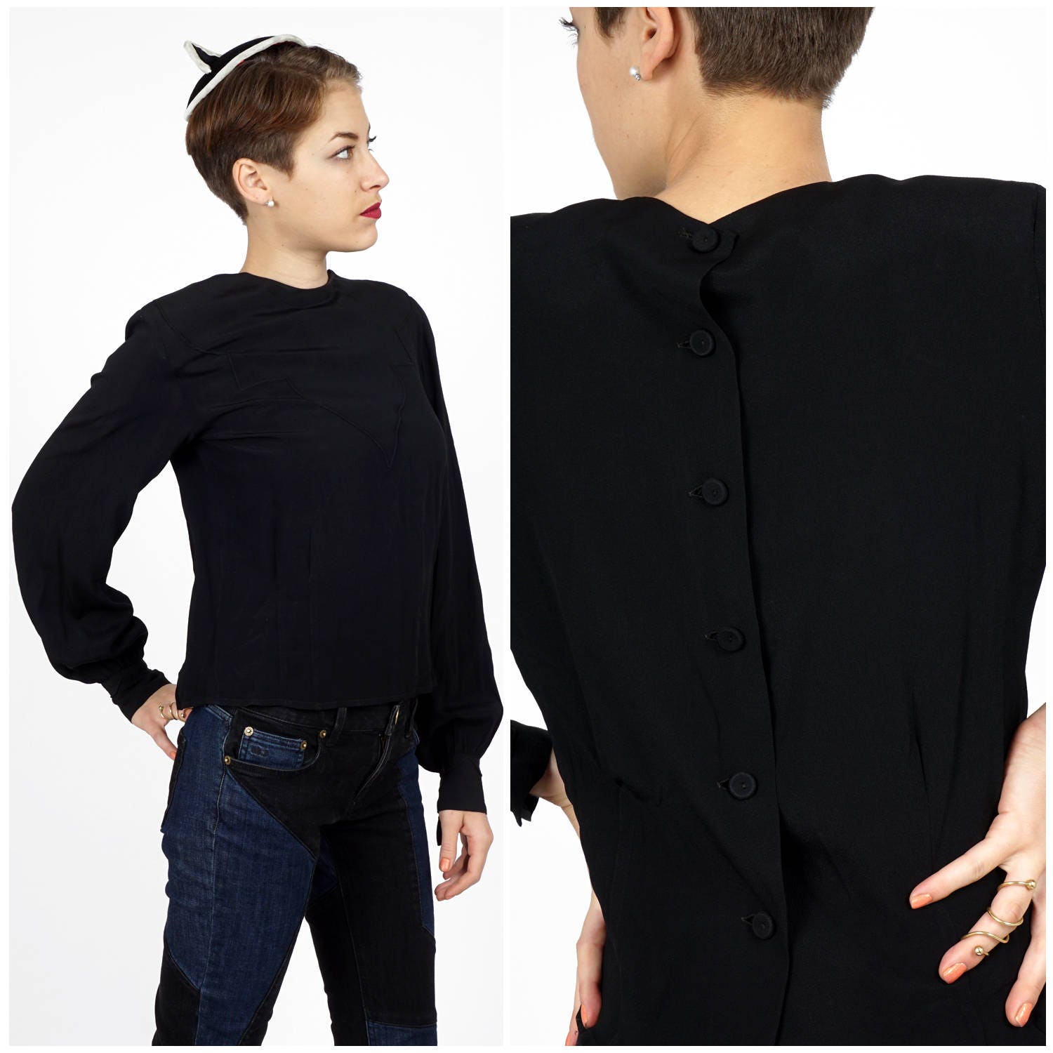 Vintage 1930Er/40Er Jahre Schwarze, Langärmelige, Maßgeschneiderte Bluse Mit Erhöhten Paspel-Details, Durchgeknöpftem Rücken Und Langen von AnimalHeadVintage