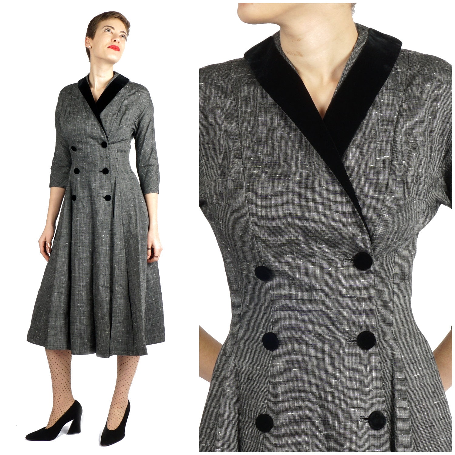 Vintage 1940S/50S Graues 3/4-Arm Kleid Mit Samtkragen Und Knöpfen Von Eleanor Green | Extra Klein/Klein von AnimalHeadVintage