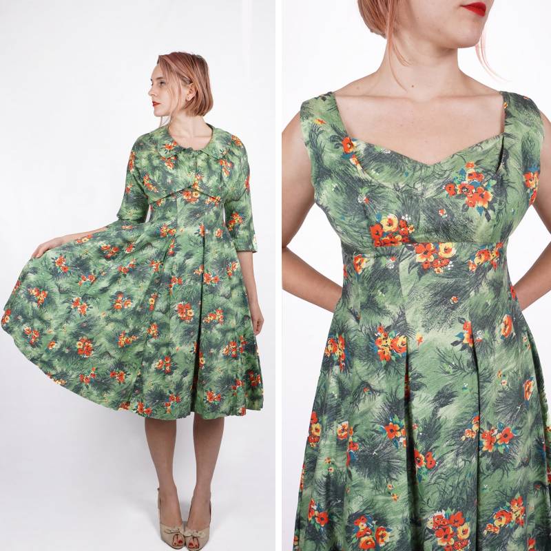 Vintage 1950Er Jahre Ärmelloses Hawaii-Kleid Mit Herzförmigem Oberteil, Vollem Rock Und Abgeschnittener Bolero-Jacke Von Russell Stuart | Klein Vintage 1950Er Jahre Ärmelloses Hawaii-Kleid Mit Herzförmigem Oberteil, Vollem Rock Und Abgeschnittener Bolero-Jacke Von Russell Stuart | Klein von AnimalHeadVintage