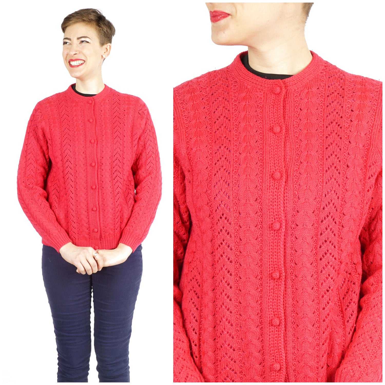 Vintage 1950Er Jahre Fuchsia Pink Wolle Strickjacke Mit Knöpfen Cardigan Pullover Von B. Altman & Co. | Mittel/Groß von AnimalHeadVintage