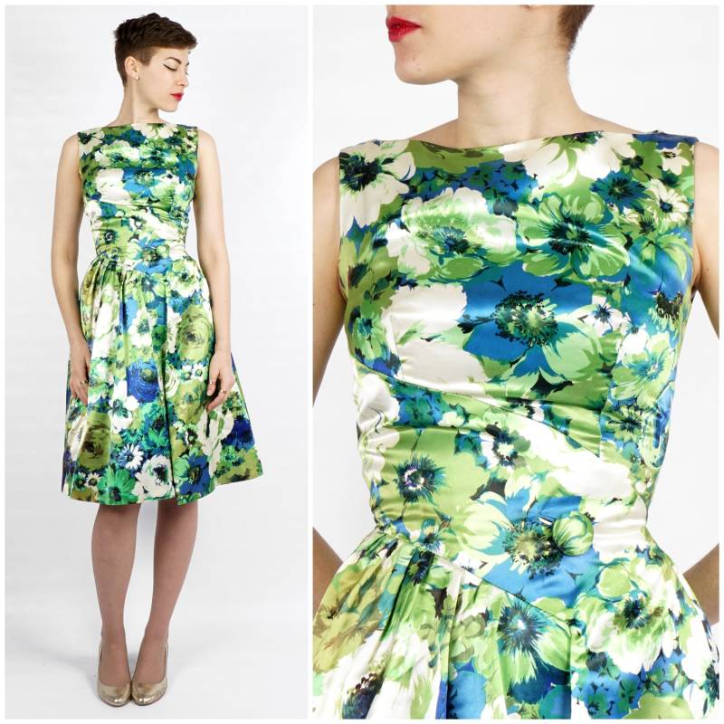 Vintage 1950Er Jahre Grün, Weiß & Blau Floral Fit & Flare Kleid Von Gigi Young | Xs/Klein von AnimalHeadVintage