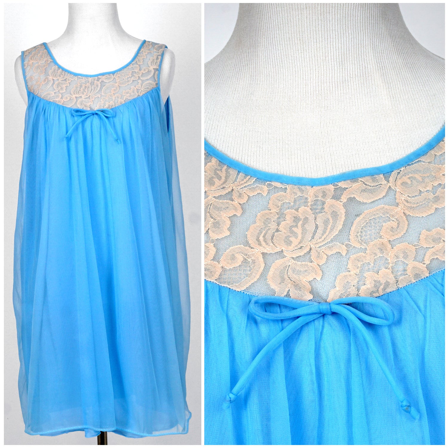 Vintage 1950Er Jahre Helles Immergrün Blaues Nachthemd Mit Spitzenmieder | Mittelgroß von AnimalHeadVintage