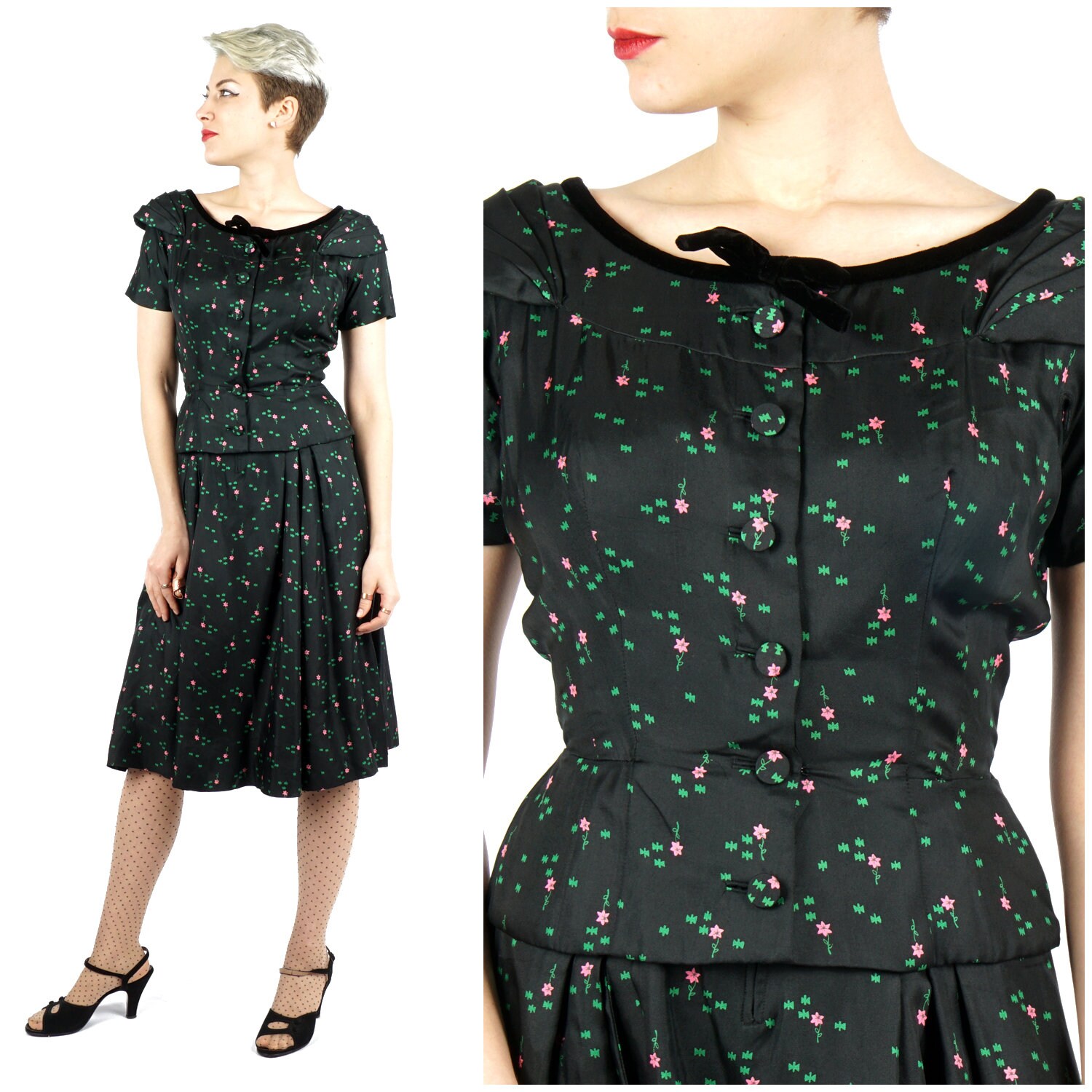 Vintage 1950Er Jahre Schwarz U-Boot-Ausschnitt Kurzarm Schößchen Party Kleid Mit Plissee Schulter Detail Und Samtschleife Von Grabois | Klein von AnimalHeadVintage