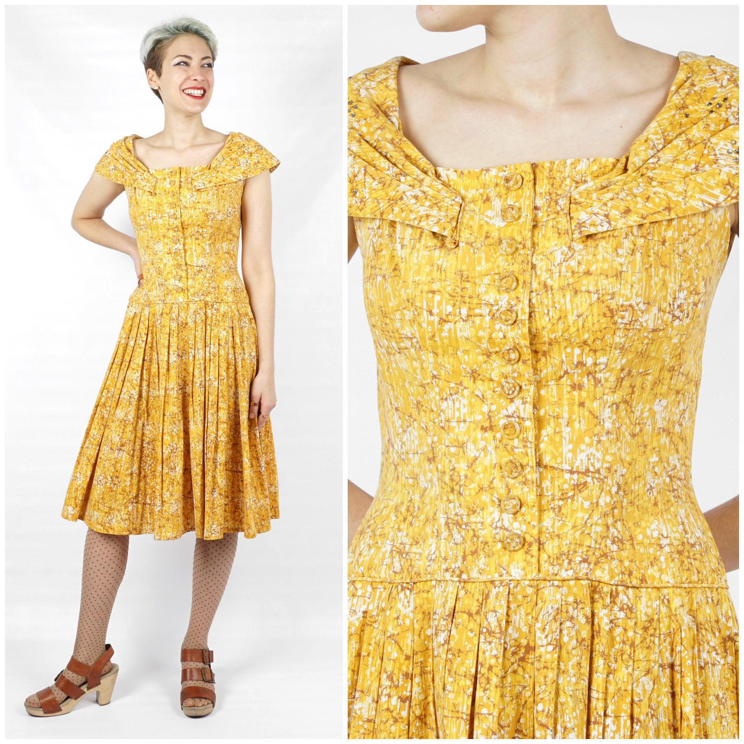Vintage 1950Er Jahre Senfgelbes Abstraktes Bedrucktes Tageskleid Mit Tiefem Rock Und Strassdetail Von Dorothy Hubbs | Klein von AnimalHeadVintage