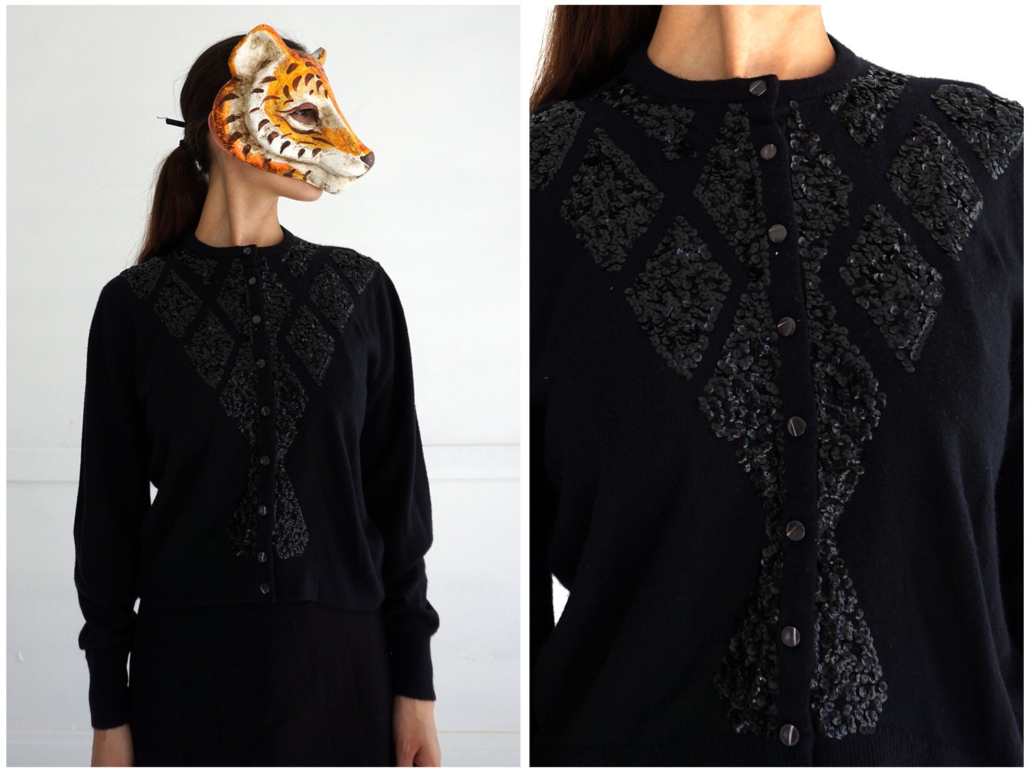 Vintage 1950S/60S Glitzer Diamant Pailletten Schwarze Strickjacke Mit Knöpfen Von Dorset Knitwear | Größe S/M von AnimalHeadVintage