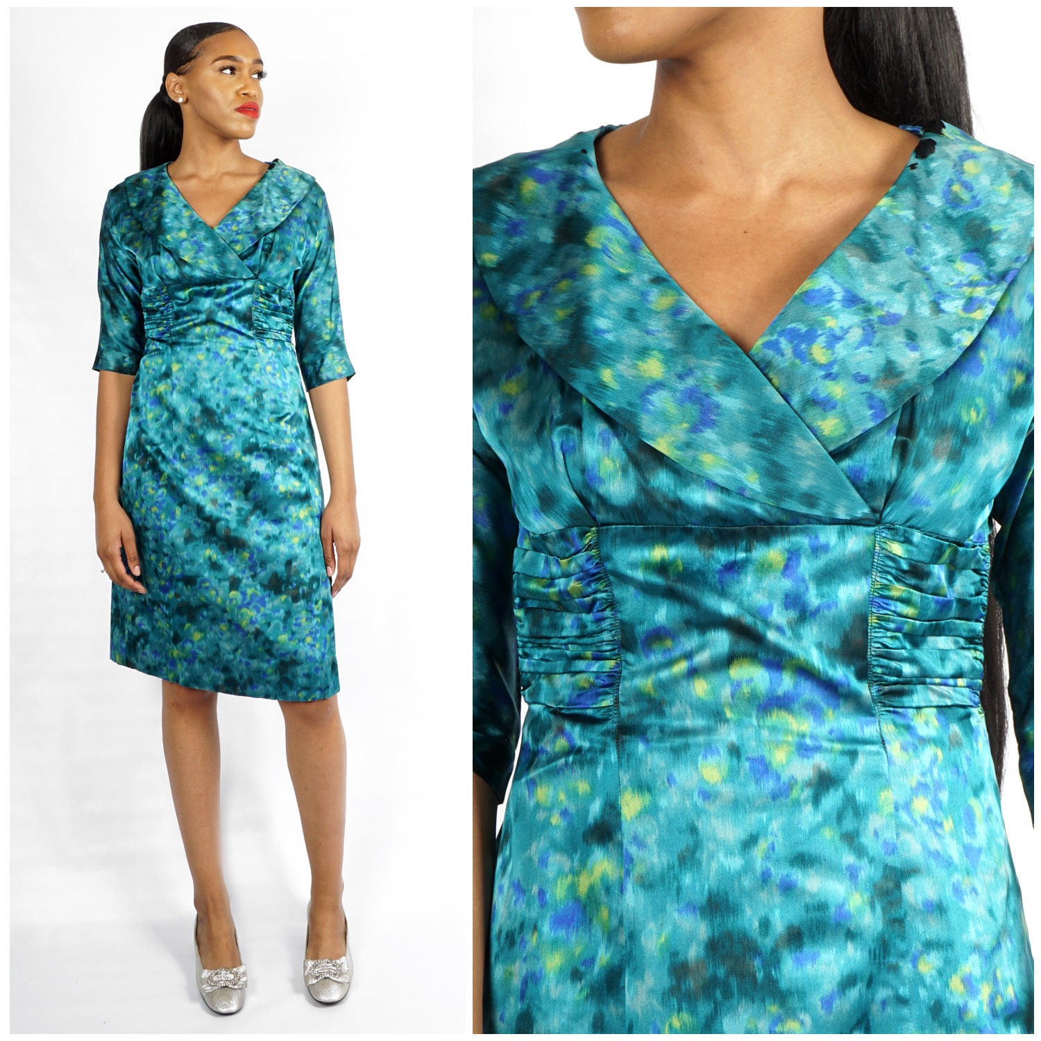 Vintage 1950S/60S Petrol Aquarell Kleid Mit Gerüschter Taille Von R & K Originals | Mittel von AnimalHeadVintage