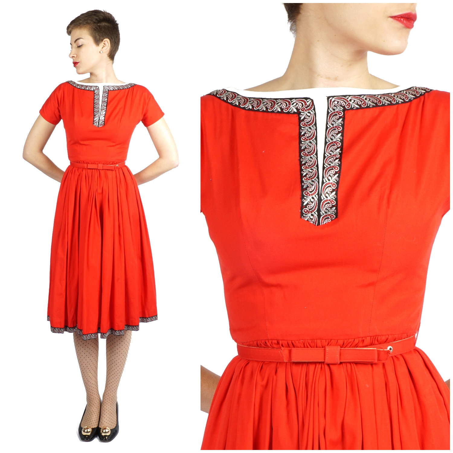 Vintage 1950S Rotes Fit & Flare Baumwollkleid Mit Bestickter Borte Und Taschen Von Wienerin | S von AnimalHeadVintage