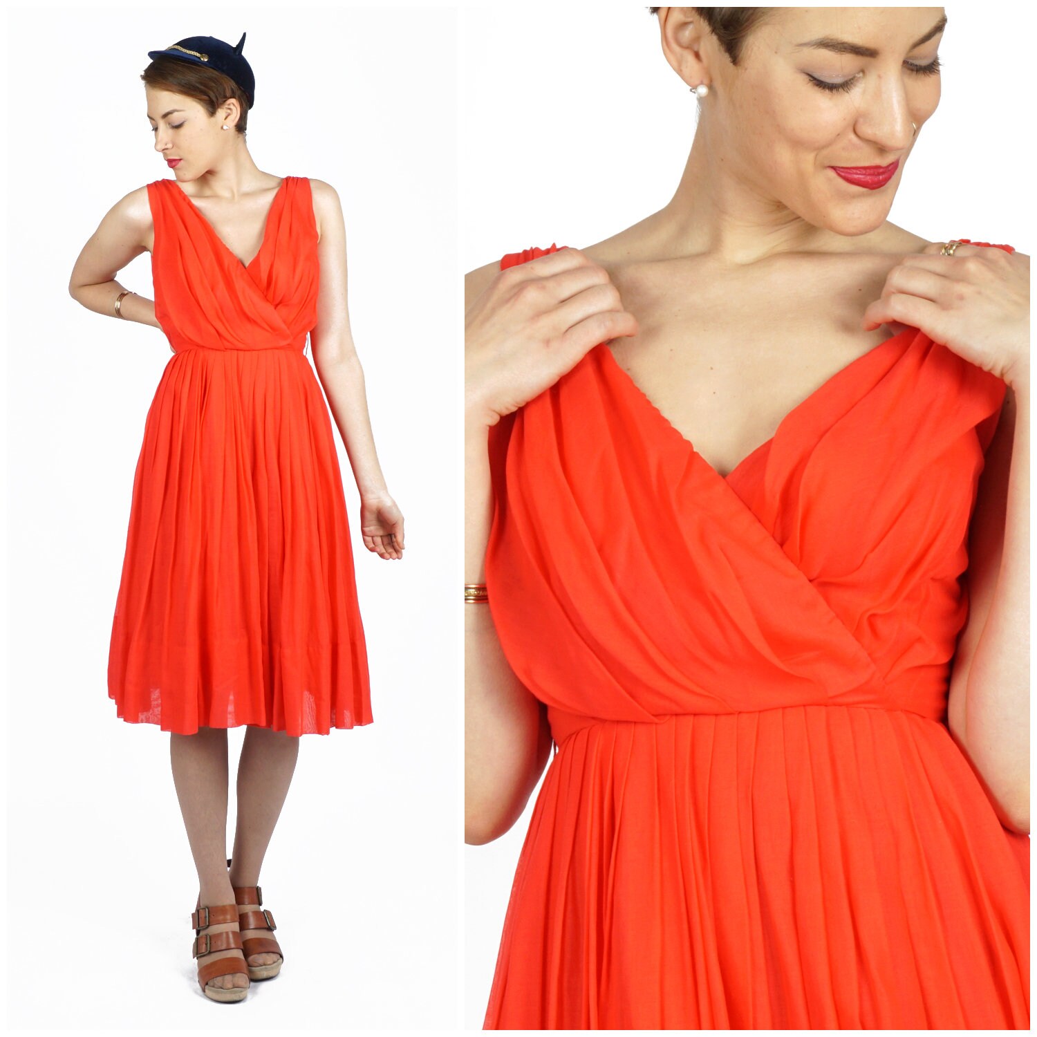 Vintage 1960Er Jahre Ärmelloses Kleid in Knallrot Baumwolle Crossover Mieder Von Miss Elliette | Größe S/M von AnimalHeadVintage