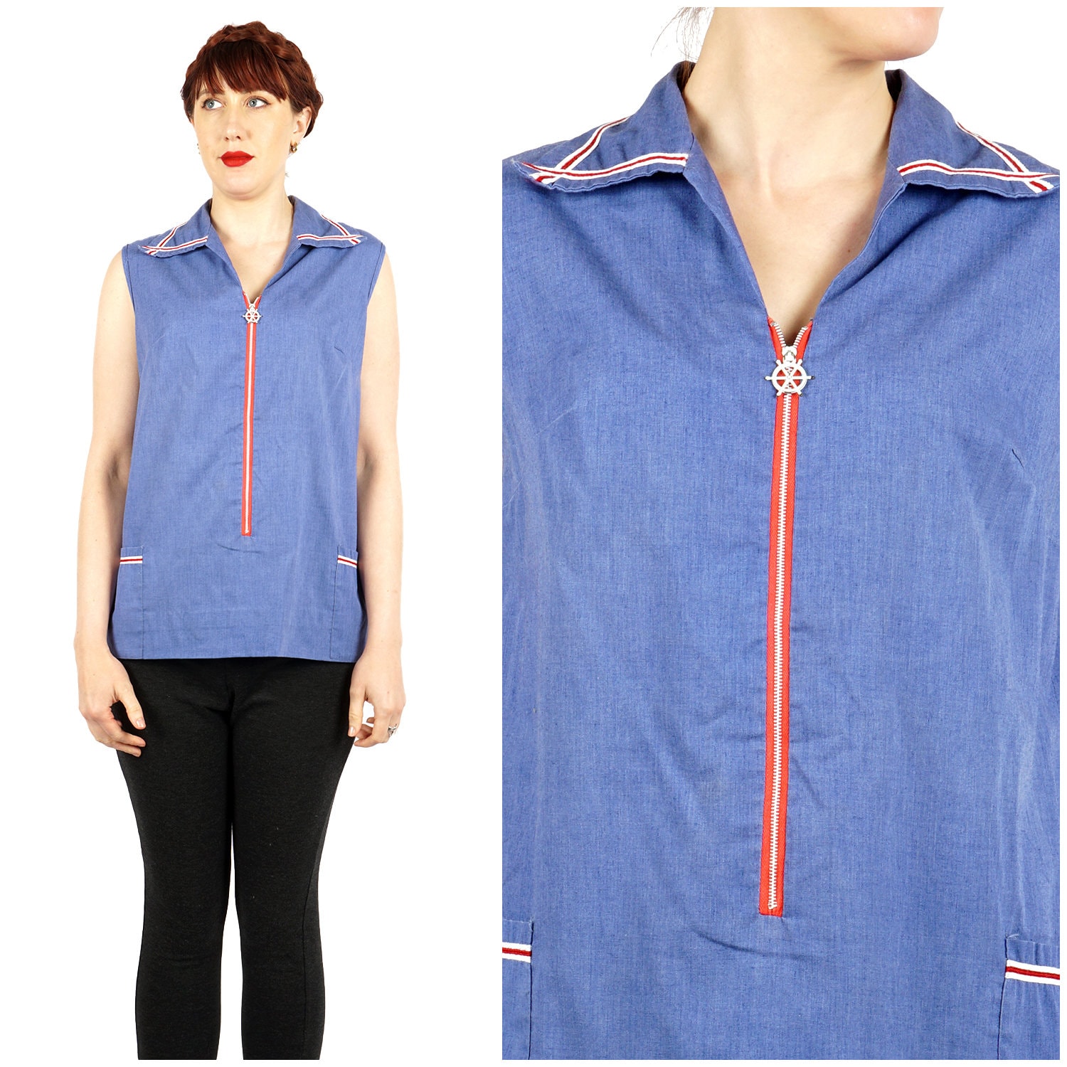 Vintage 1960Er Jahre Chambray Blue Cotton Nautical Kragen Ärmellose Bluse Mit Rotem Und Weißem Detail Taschen | Mittel/Groß von AnimalHeadVintage