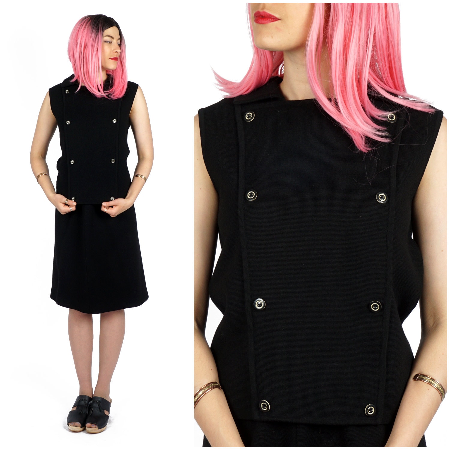 Vintage 1960Er Jahre Mod Schwarze Zweireihige Passende Ärmellose Bluse Und Rock Set Von Joseph Magnin | Klein von AnimalHeadVintage