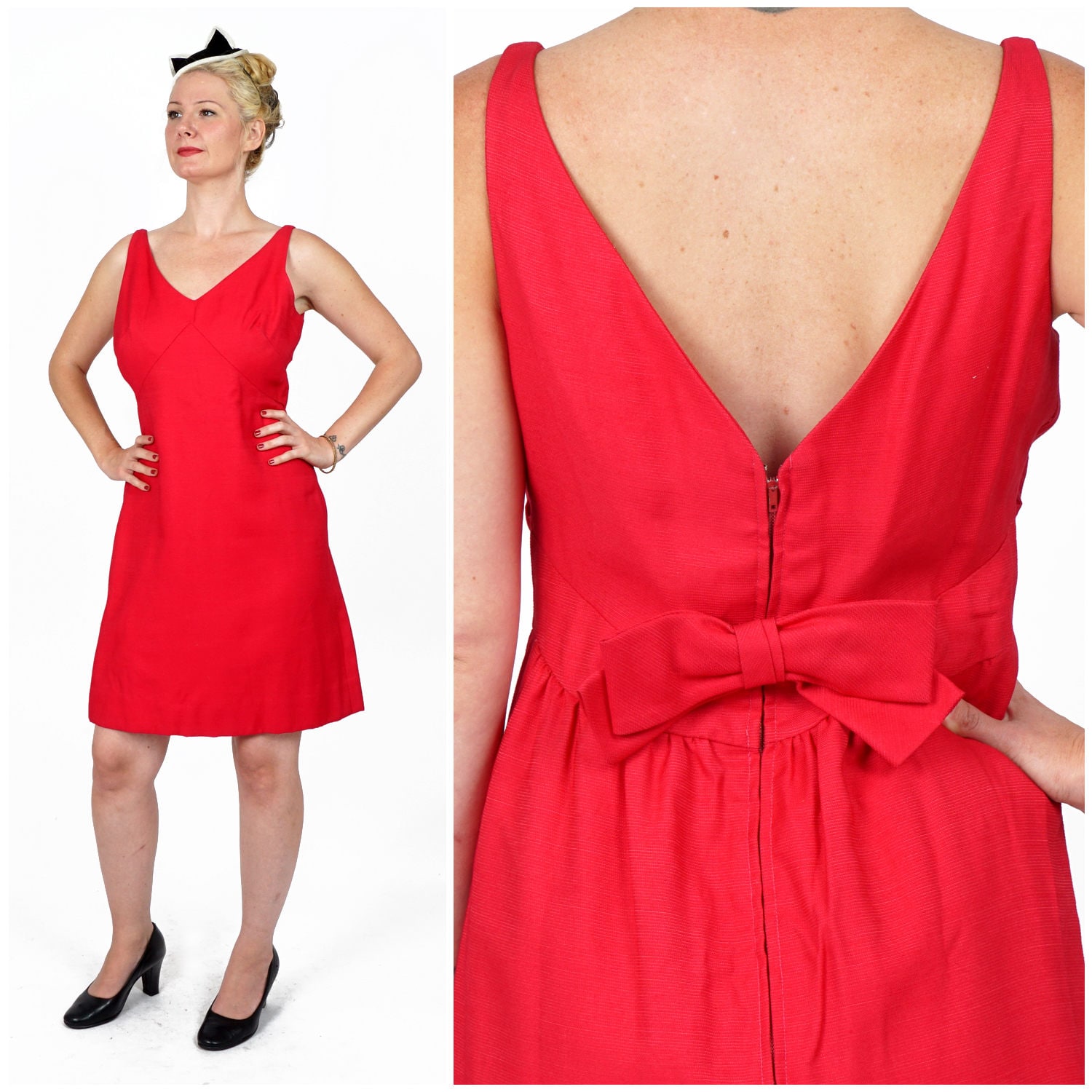 Vintage 1960Er Jahre Party Kleid in Fuschia Pink Mit Tiefer V Schleife Rücken Von I. Magnin | Mittel von AnimalHeadVintage