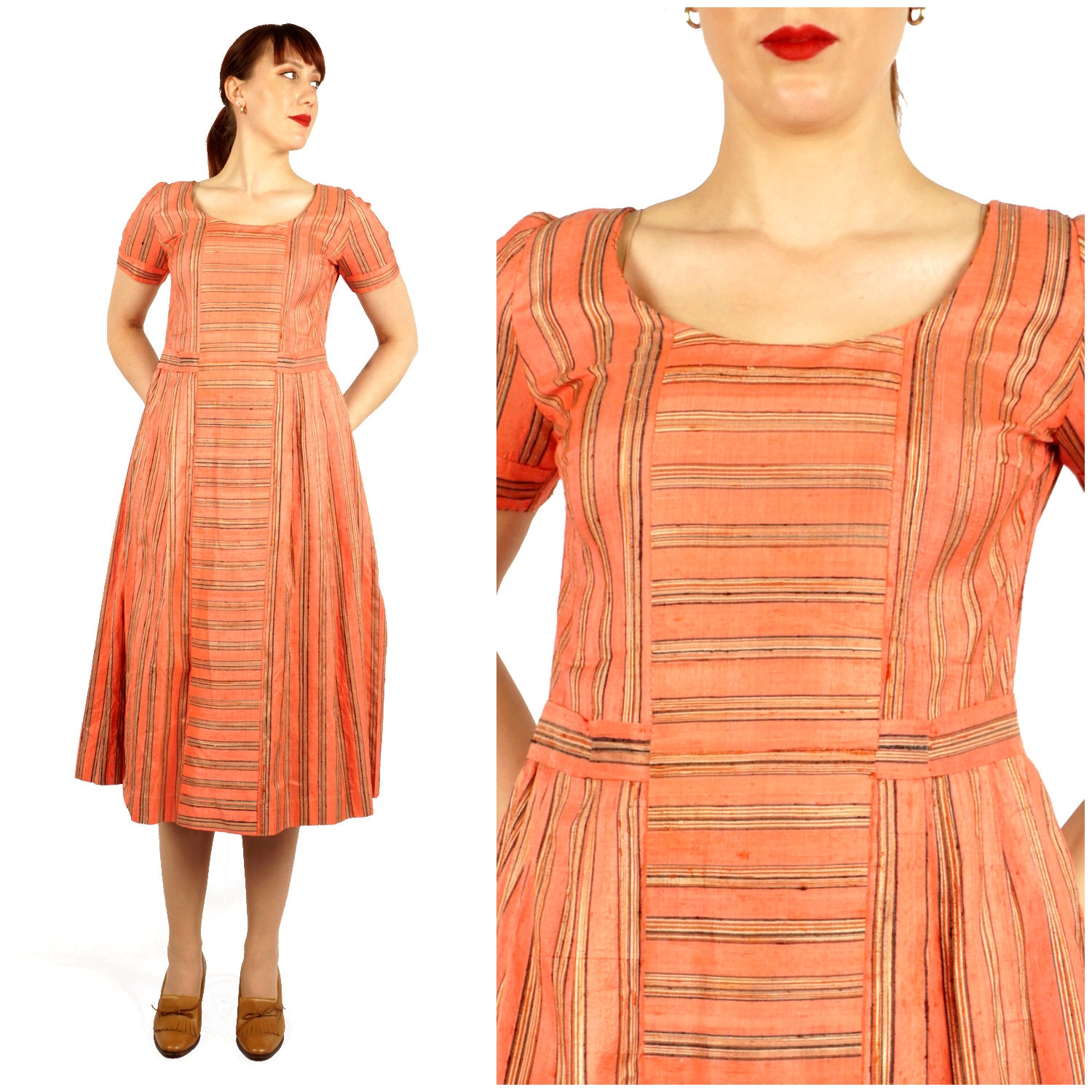 Vintage 1960Er Jahre Rohseide Kurzarm Gestreiftes Lachs Rosa Midi Kleid Mit Angenähtem Gürtel Von Rosemary Original | Mittel von AnimalHeadVintage