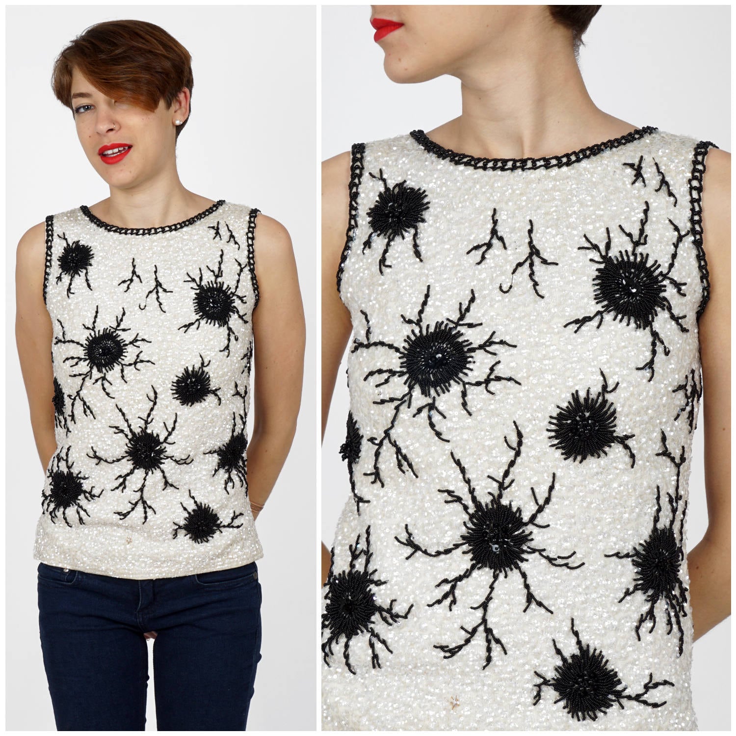 Vintage 1960Er Jahre Schwarz & Weiß Pailletten Ärmellose Pullover Tank-Top | Klein von AnimalHeadVintage