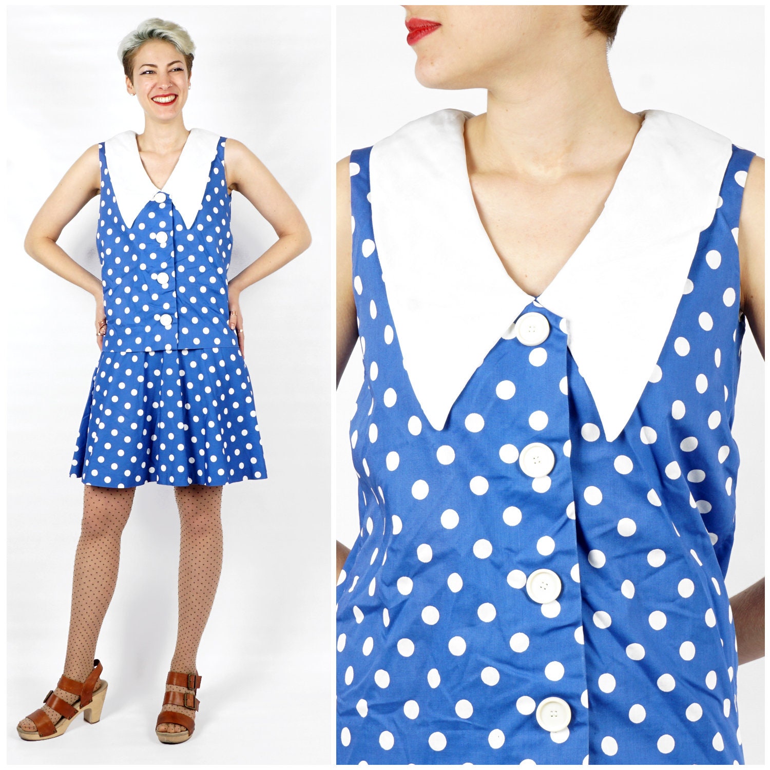 Vintage 1960S Blau-Weißes Tupfen-Ärmelloses Tropfen-Taillen-Rollerkleid Mit Großem Peter-Pan-Kragen Und Knöpfen Von Eve Le Coq | Größe S/M von AnimalHeadVintage