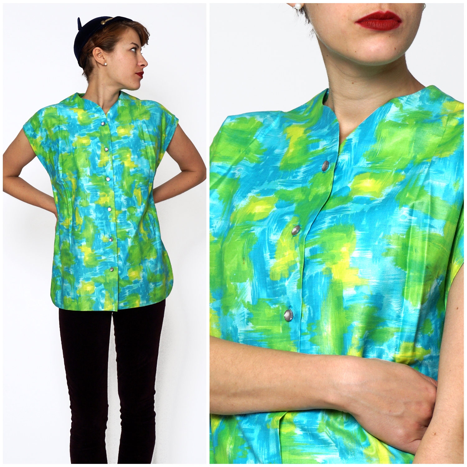 Vintage 1960S Blau & Grünes Aquarell Top Von Graff | Mittel von AnimalHeadVintage