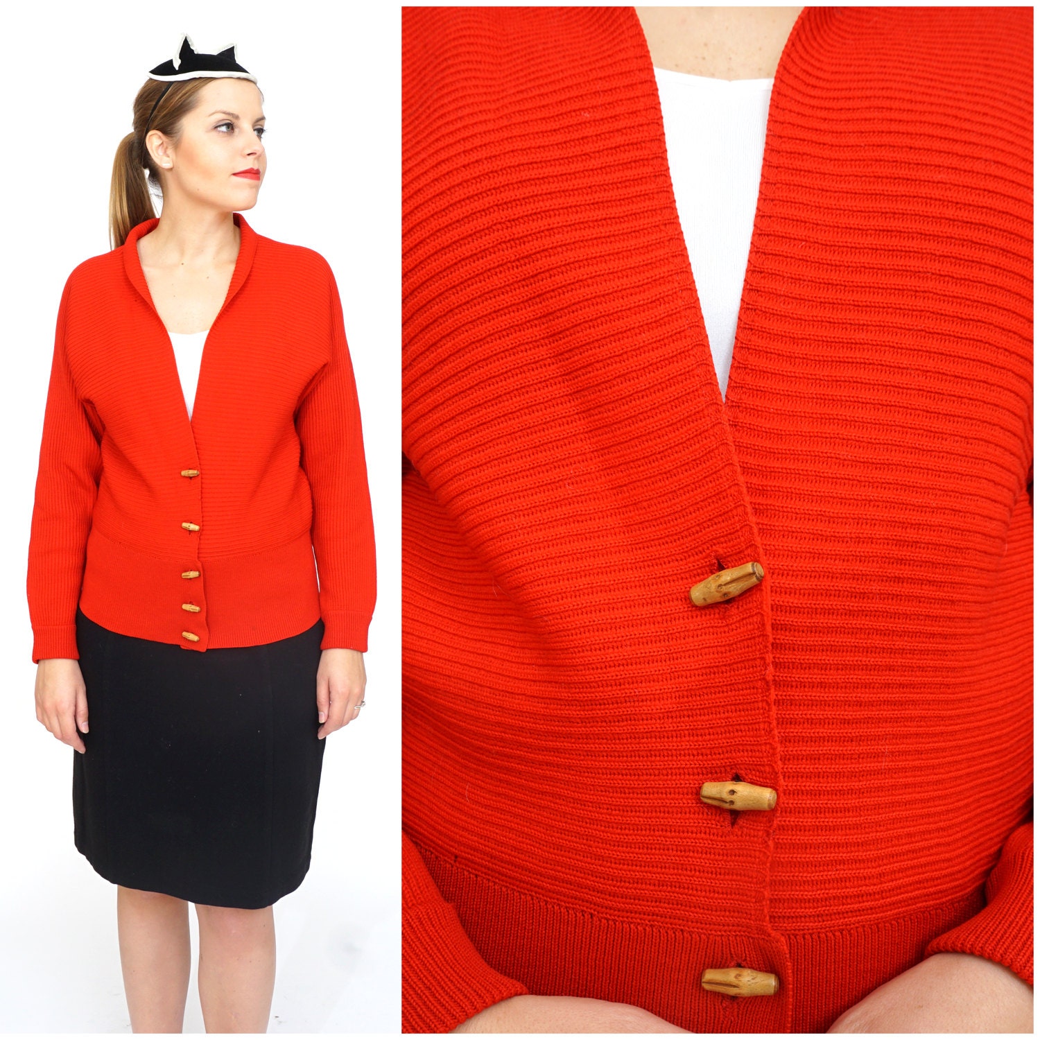 Vintage 1960S Candy Apple Rot Gerippte Strickjacke Von Reine Wolle | Mittel von AnimalHeadVintage