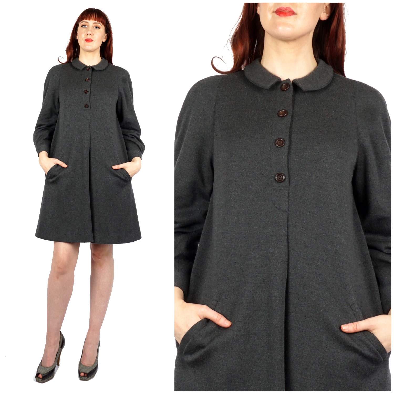 Vintage 1960S Graues Swing Kleid Mit Kragen Und Taschen Von Geoffrey Beene | Mittel von AnimalHeadVintage