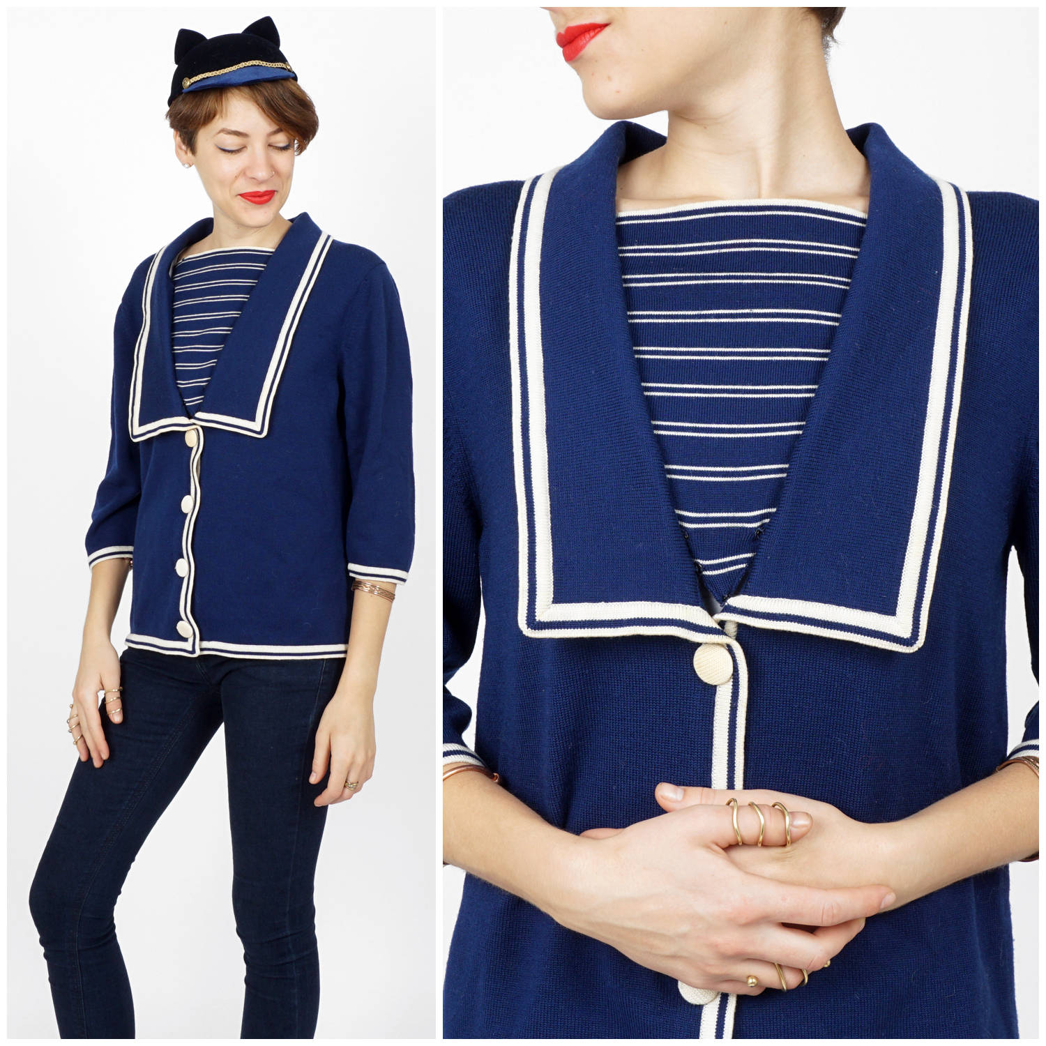 Vintage 1960S Nautisch Inspirierter Blau & Weiß Gestreifter Pullover Mit Übergroßen Revers | Mittel/Groß von AnimalHeadVintage