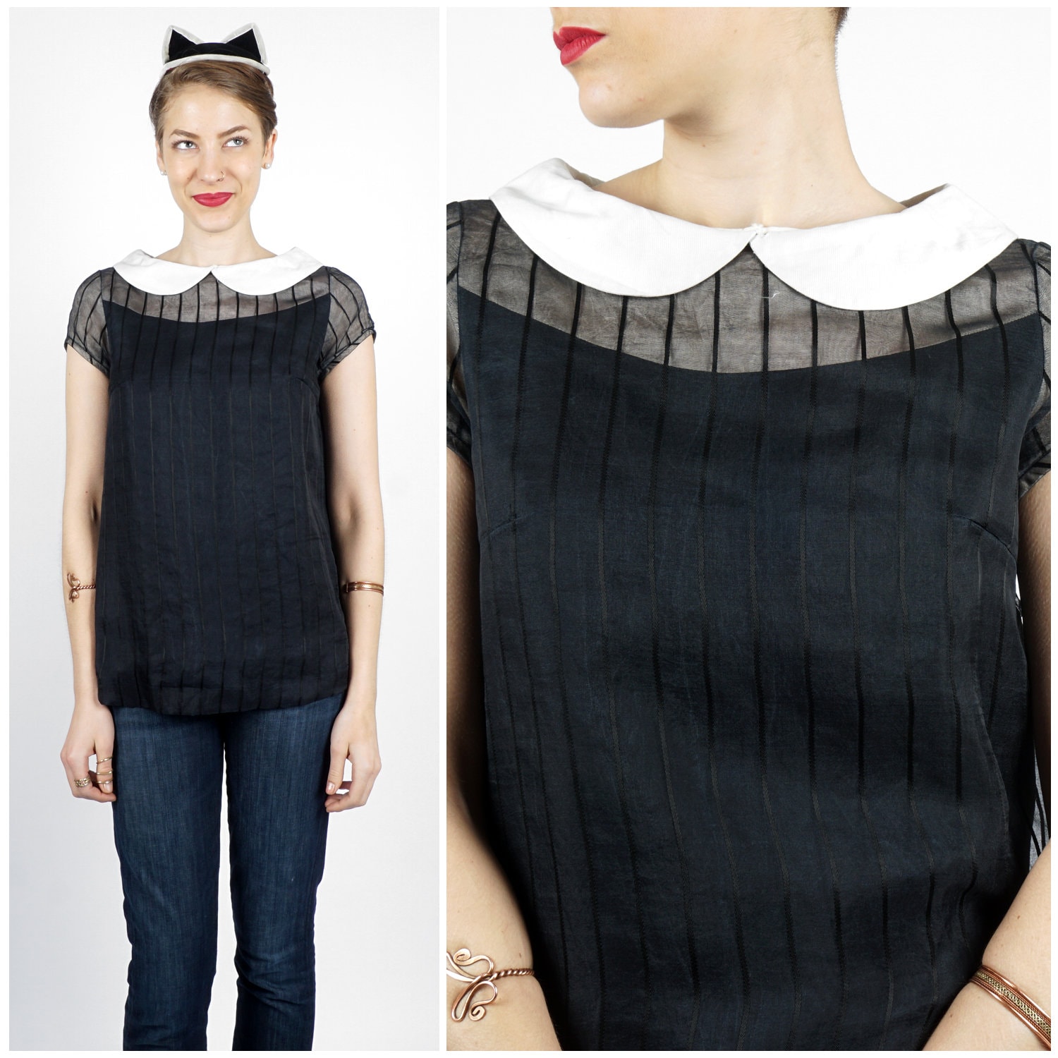 Vintage 1960S Schwarz Gestreifte Bluse Mit Illusion-Mieder Und Weißem Bubi-Kragen | Größe S/M von AnimalHeadVintage