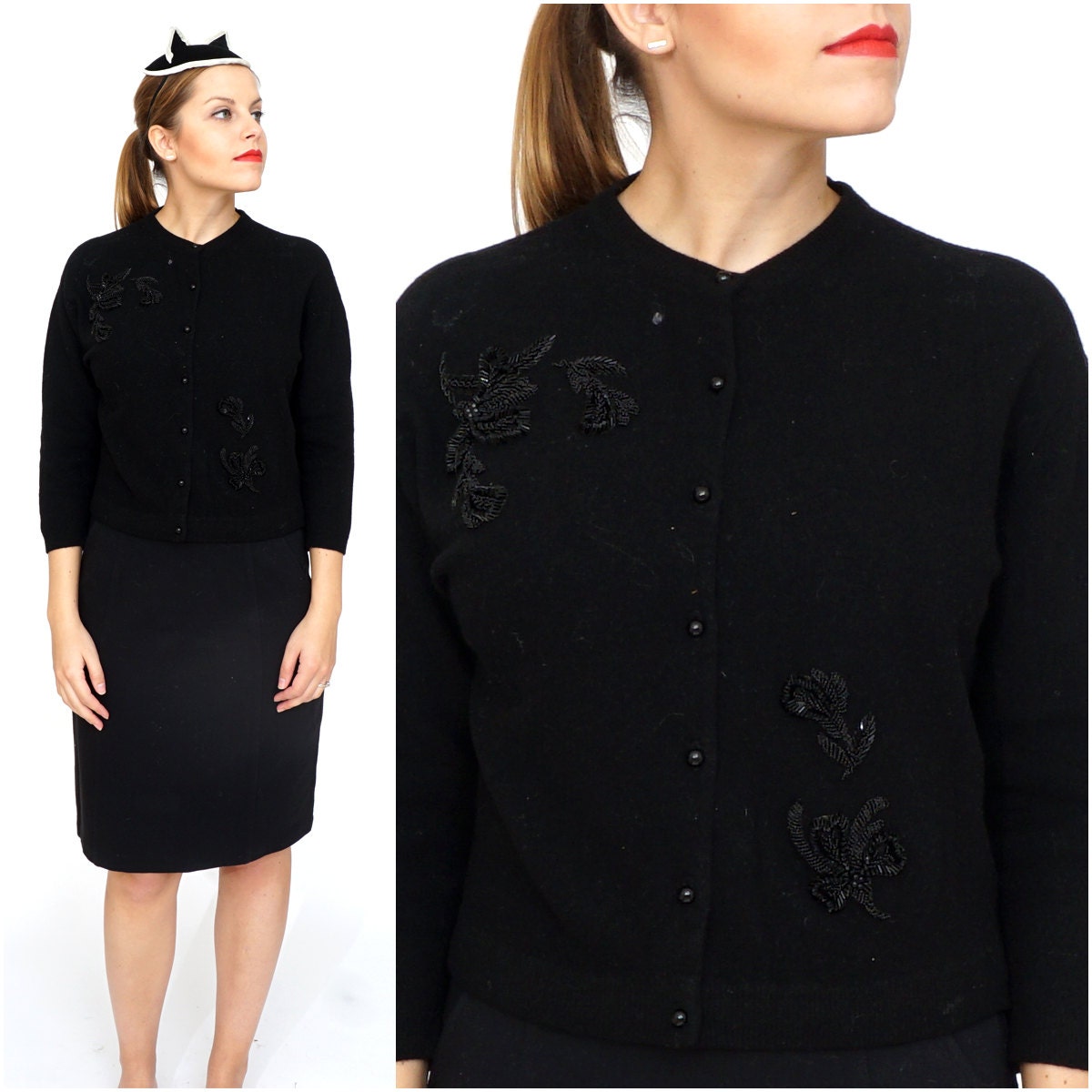 Vintage 1960S Schwarze Blumen Perlen Strickjacke Von Glasgo | Größe S/M von AnimalHeadVintage