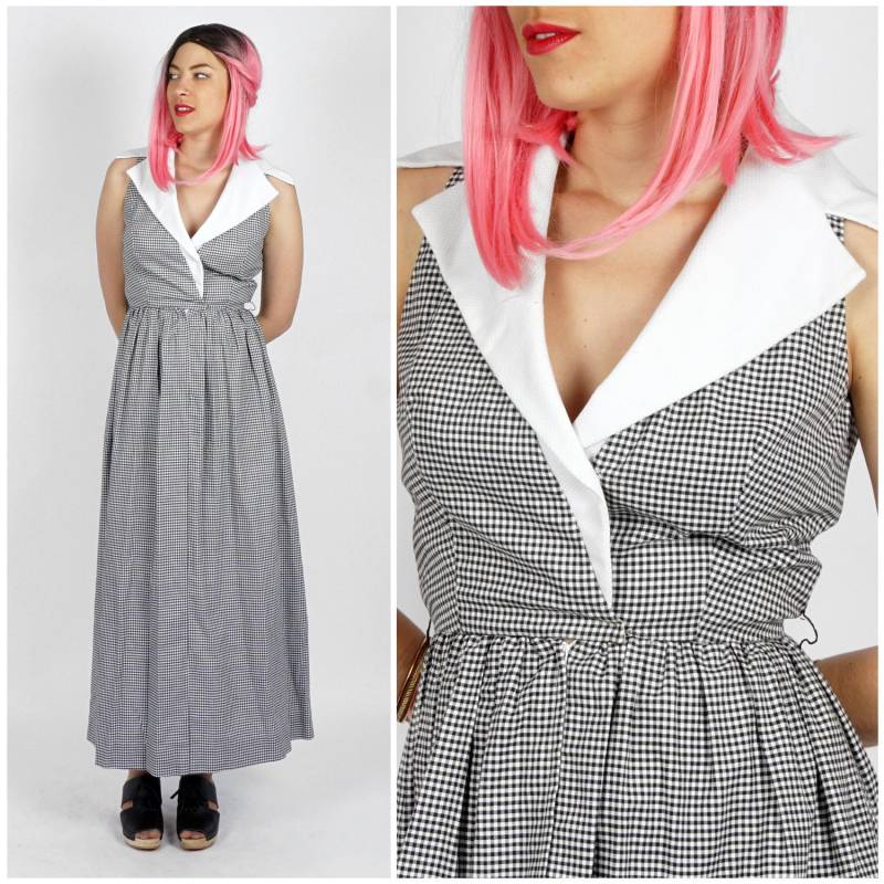 Vintage 1970Er Ärmelloses Black & White Vichy Karo Maxi Kleid | Klein Vintage 1970Er Ärmelloses Black & White Vichy Karo Maxi Kleid | Klein von AnimalHeadVintage