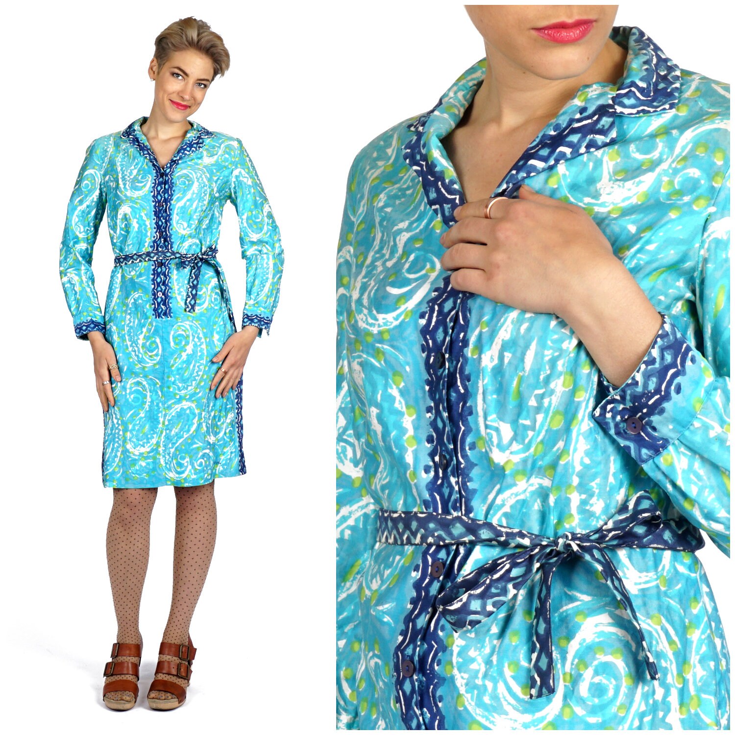 Vintage 1970Er Blaues Paisley Baumwoll Shirt-Taille Kleid Mit Kragen Und Passendem Gürtel Von Vera Neumann | Klein/Medium von AnimalHeadVintage