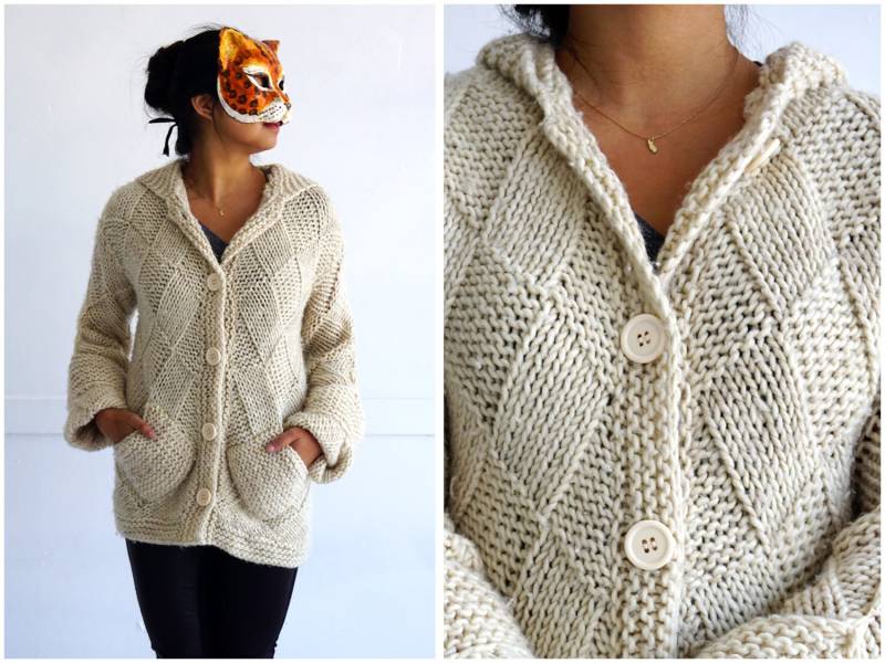 Vintage 1970Er Creme Diamant-Muster Stricken Button-Up Cardigan Pullover Mit Kapuze Von Irka | Größe S/M Vintage 1970Er Creme Diamant-Muster Stricken Button-Up Cardigan Pullover Mit Kapuze Von Irka | Größe S/M von AnimalHeadVintage