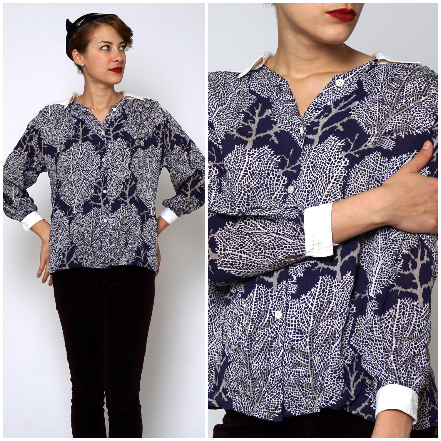 Vintage 1970Er Jahre Seidenbluse Mit Marineblauem Blattmuster | Größe S/M von AnimalHeadVintage