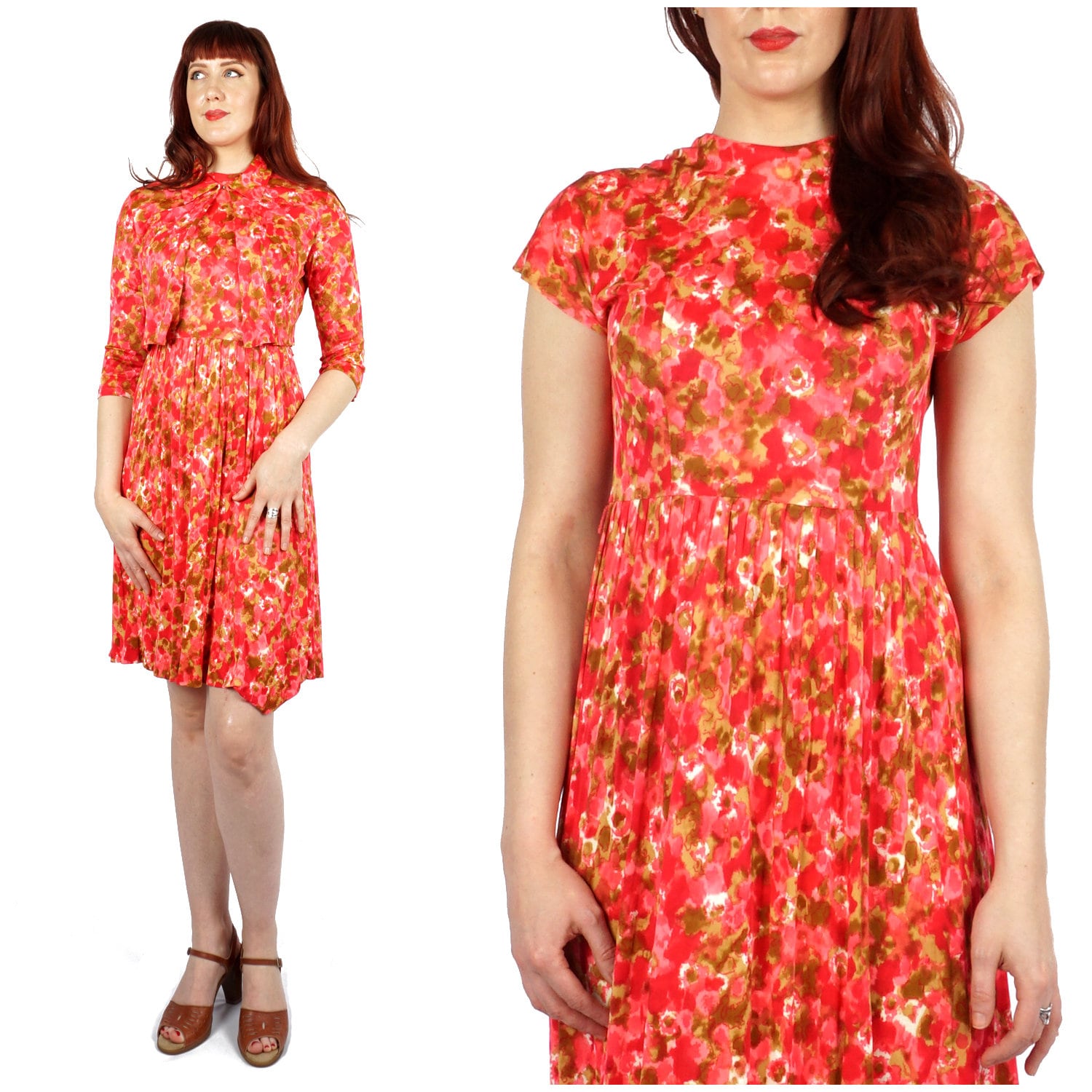 Vintage 1970Er Jahre Seidig Helles Fuchsia Blumen Zweiteiliges Tageskleid Und Passende Jacke | Mittel von AnimalHeadVintage