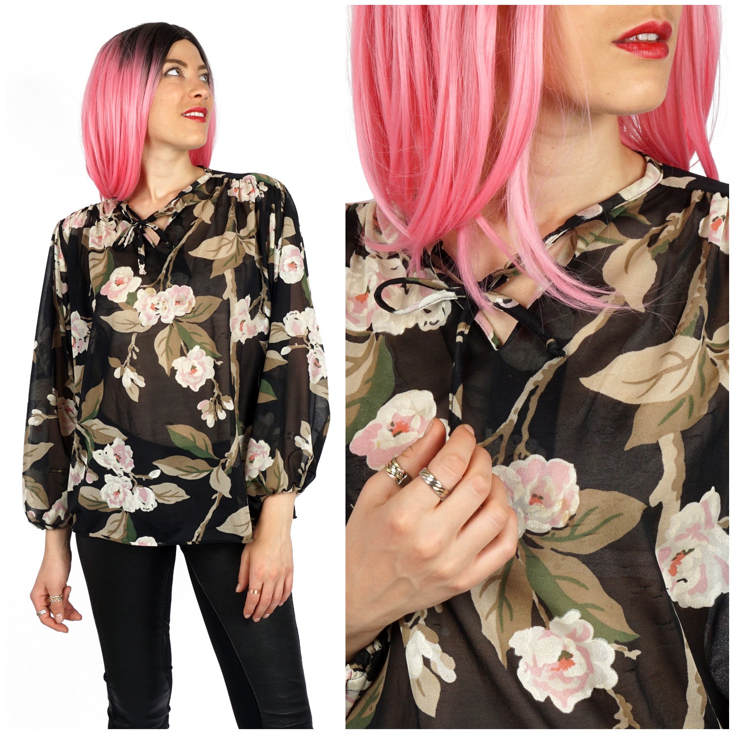 Vintage 1970S Transparentes Schwarzes Blumen Top Von Kaldor's | Mittel von AnimalHeadVintage