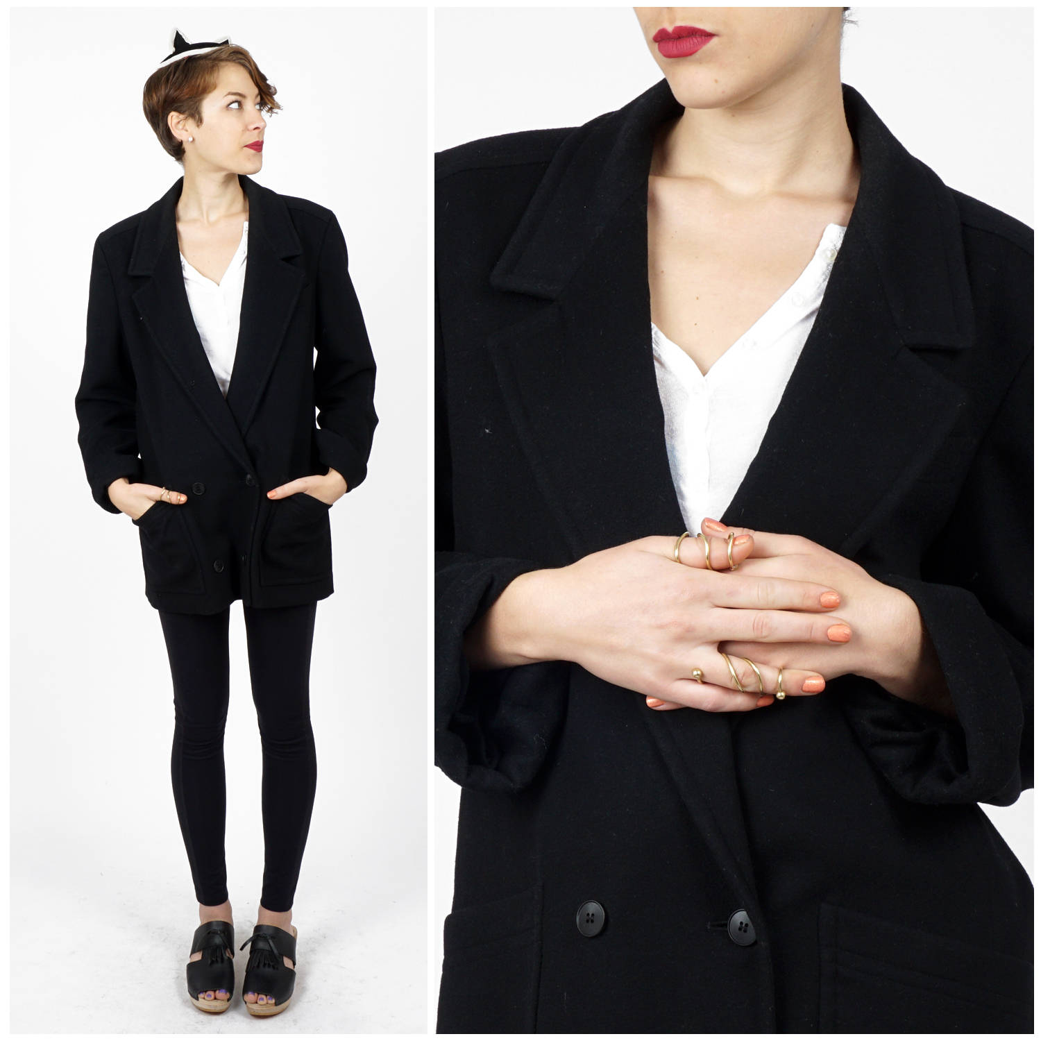 Vintage 1980Er Jahre Schwarzer Woll Zweireihiger Langer Revers Niedriger Vier-Knopf-Blazer Von Jaeger | Größe S/M von AnimalHeadVintage