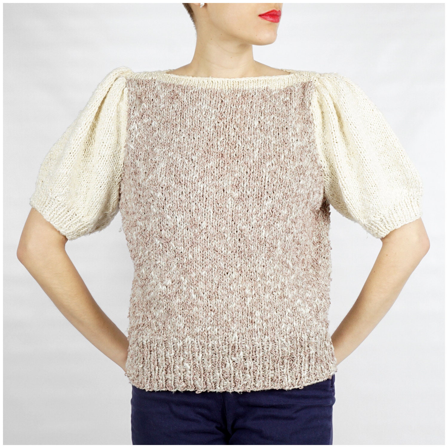 Vintage 1980Er Jahre Stretch Strick Bluse Top Mit Puffärmeln | Mittel von AnimalHeadVintage