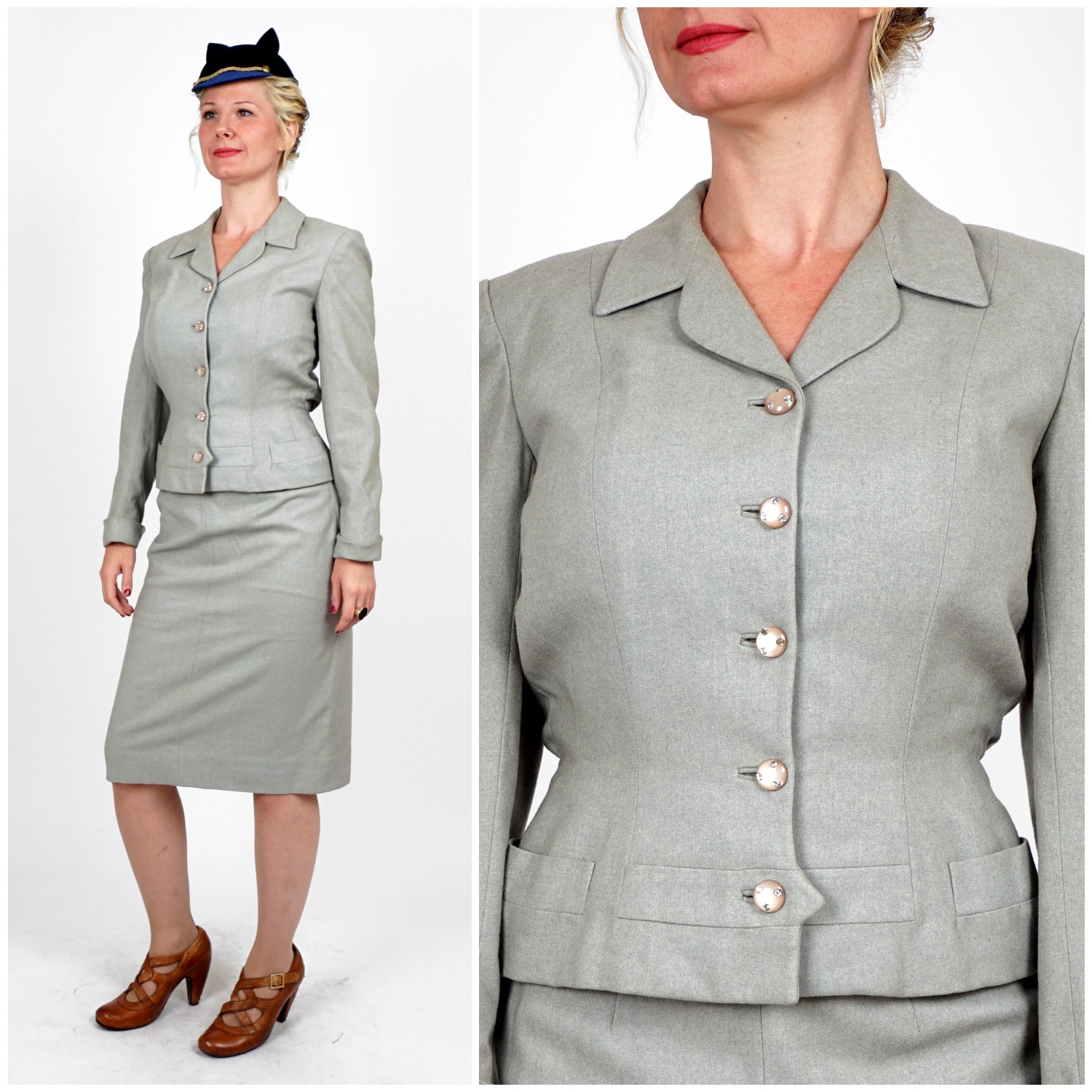 Vintage 40Er Grauer Woll Rock Anzug Mit Strassknöpfen By Kipness | Mittel von AnimalHeadVintage