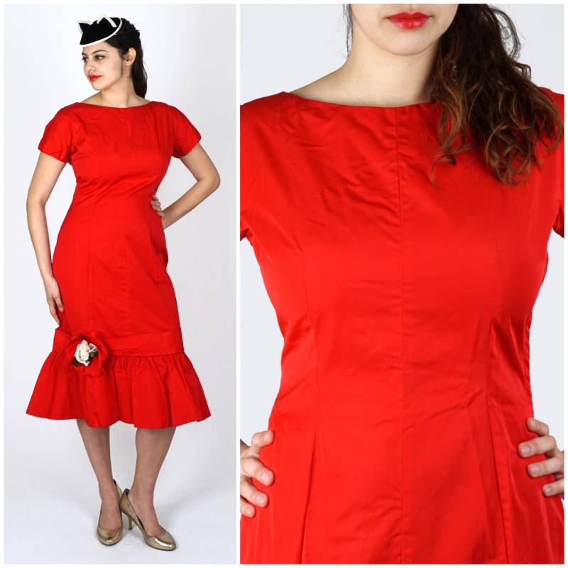 Vintage 50Er/60Er Jahre Knallroter Taft Meerjungfrauen Kleid Mit Rüschen Tüll Saum Von Alice | Groß Vintage 50Er/60Er Jahre Knallroter Taft Meerjungfrauen Kleid Mit Rüschen Tüll Saum Von Alice | Groß von AnimalHeadVintage