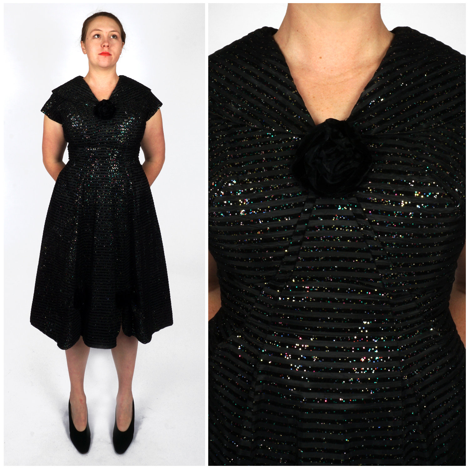 Vintage 50Er/60Er Jahre Schwarz Beflockt Glitter Kleid Fit & Flare Mit Kurzen Ärmeln, Übergroßem Kragen Und Samt Rosetten | Mittel/Groß von AnimalHeadVintage