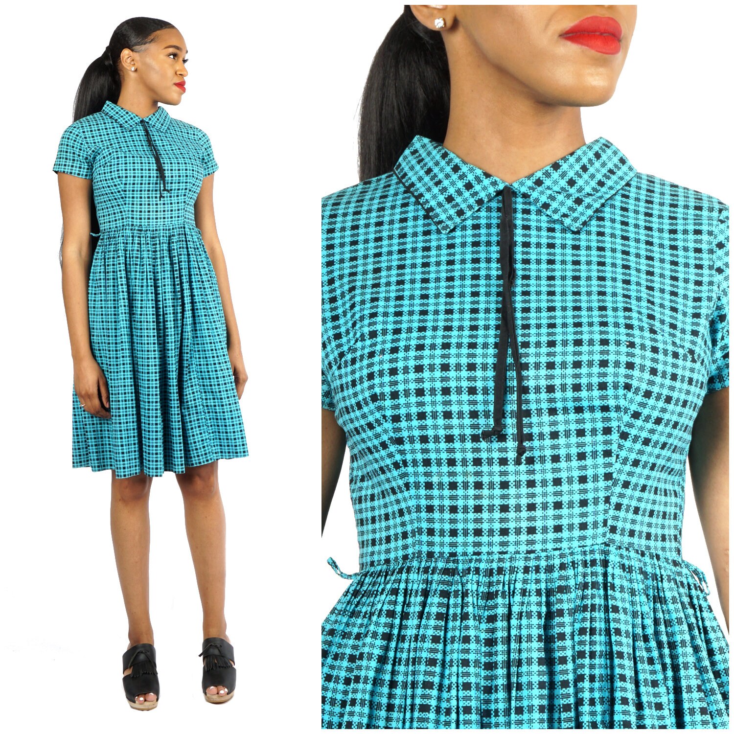 Vintage 50Er Jahre Blau Schwarz Kariertes Baumwoll Day Kleid Mit Stehkragen Und Krawatte Von Mode O' | Größe S/M von AnimalHeadVintage