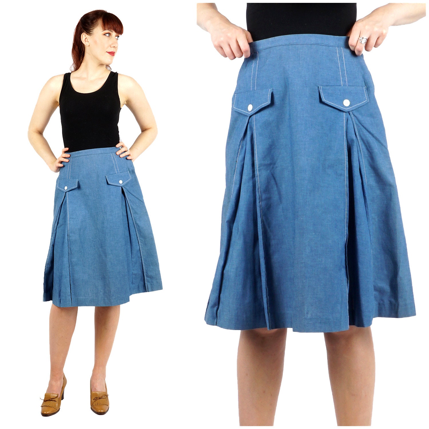 Vintage 50Er Jahre Blauer Chambray Denim Faltenrock in A-Linie Von Majestic | Mittel von AnimalHeadVintage