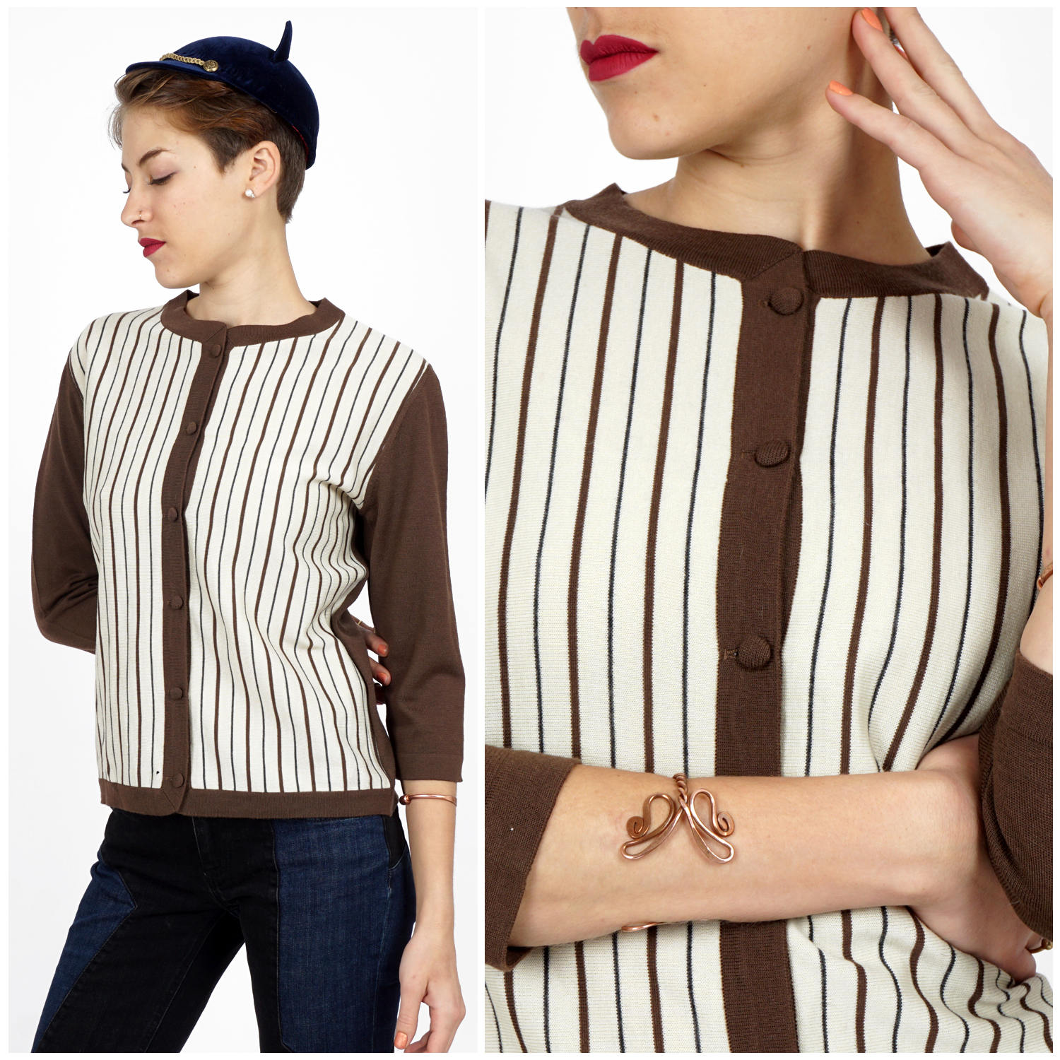 Vintage 50Er Jahre Braun & Creme Gestreifte Strickjacke Von H. Liebes | Größe S/M von AnimalHeadVintage