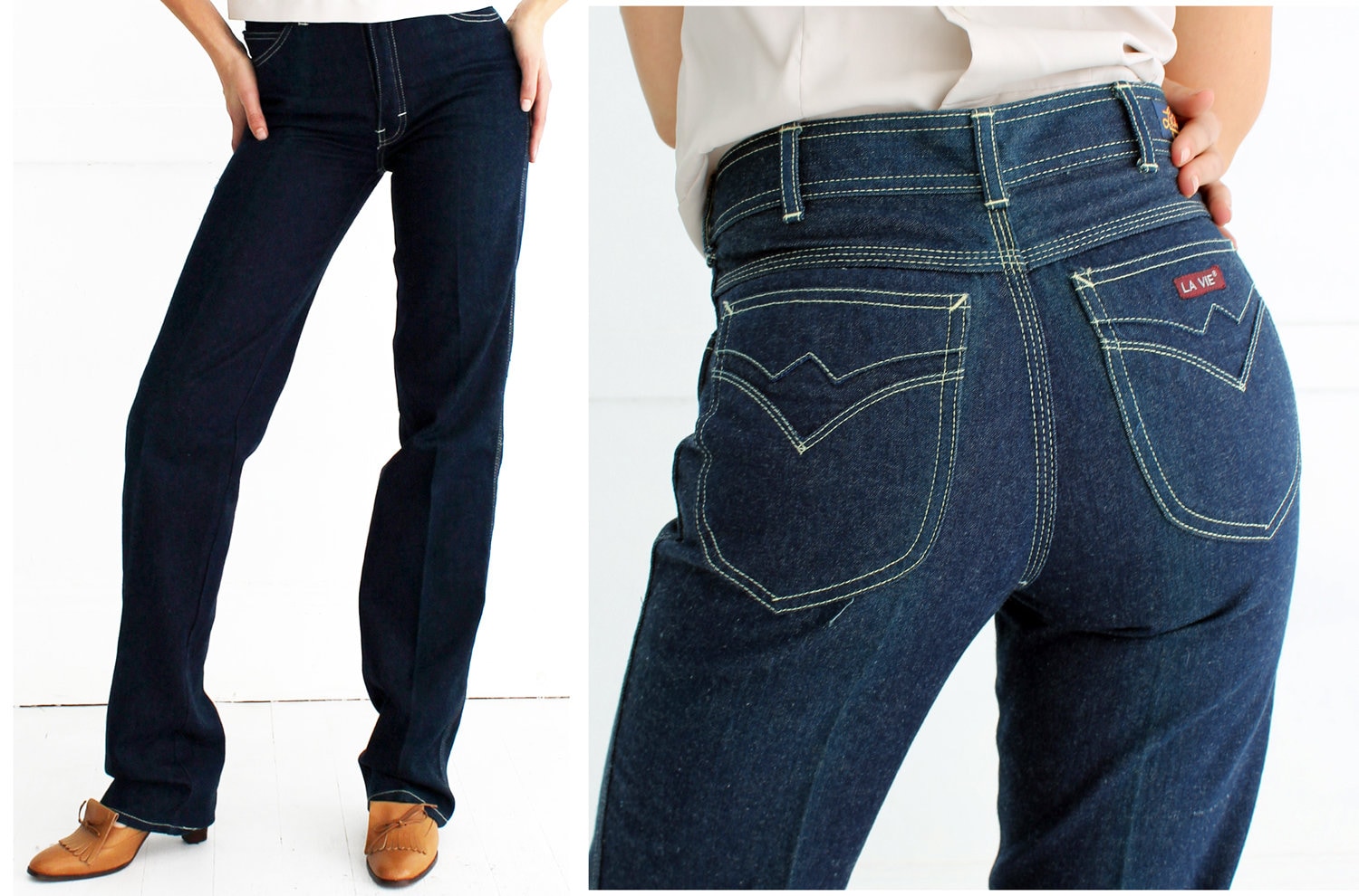 Vintage 70Er/80Er Dunkelblaue High-Waisted Gerades Bein Extra Lange Jeans Hose Von La Vie | Klein von AnimalHeadVintage