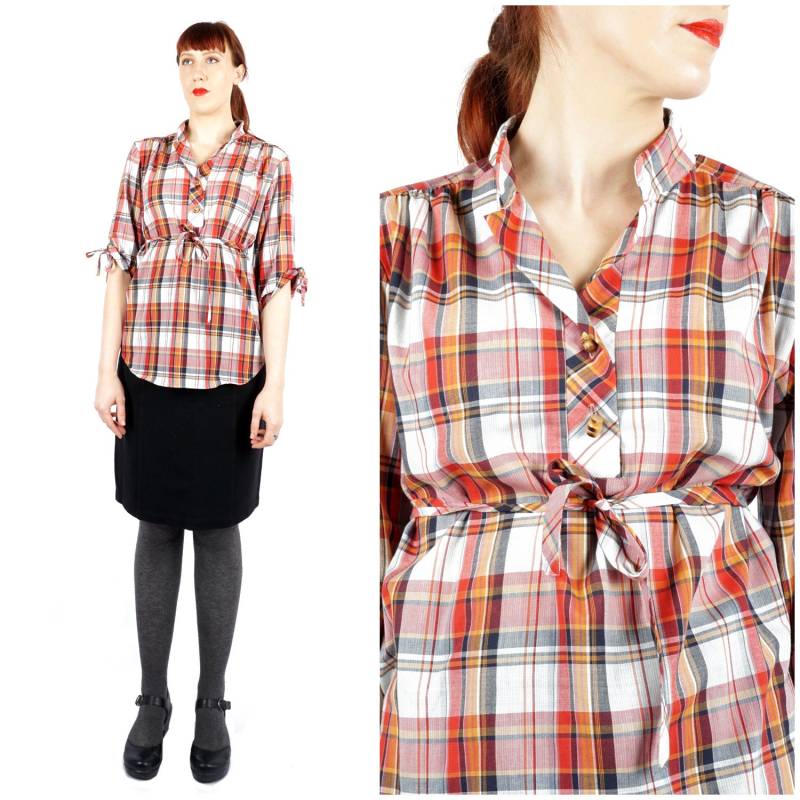 Vintage 70Er Jahre Rot, Grau & Orange Kariertes Belted Long Tunika Shirt Von Felice | Mittel von AnimalHeadVintage