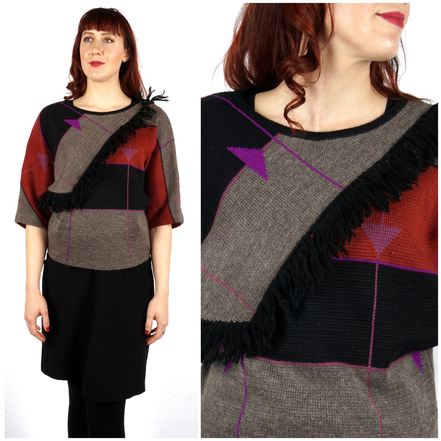 Vintage 80Er Jahre Colorblock Pullover Mit Zierfransen Und Dolmanärmeln Von Pierre Cardin | Mittel von AnimalHeadVintage