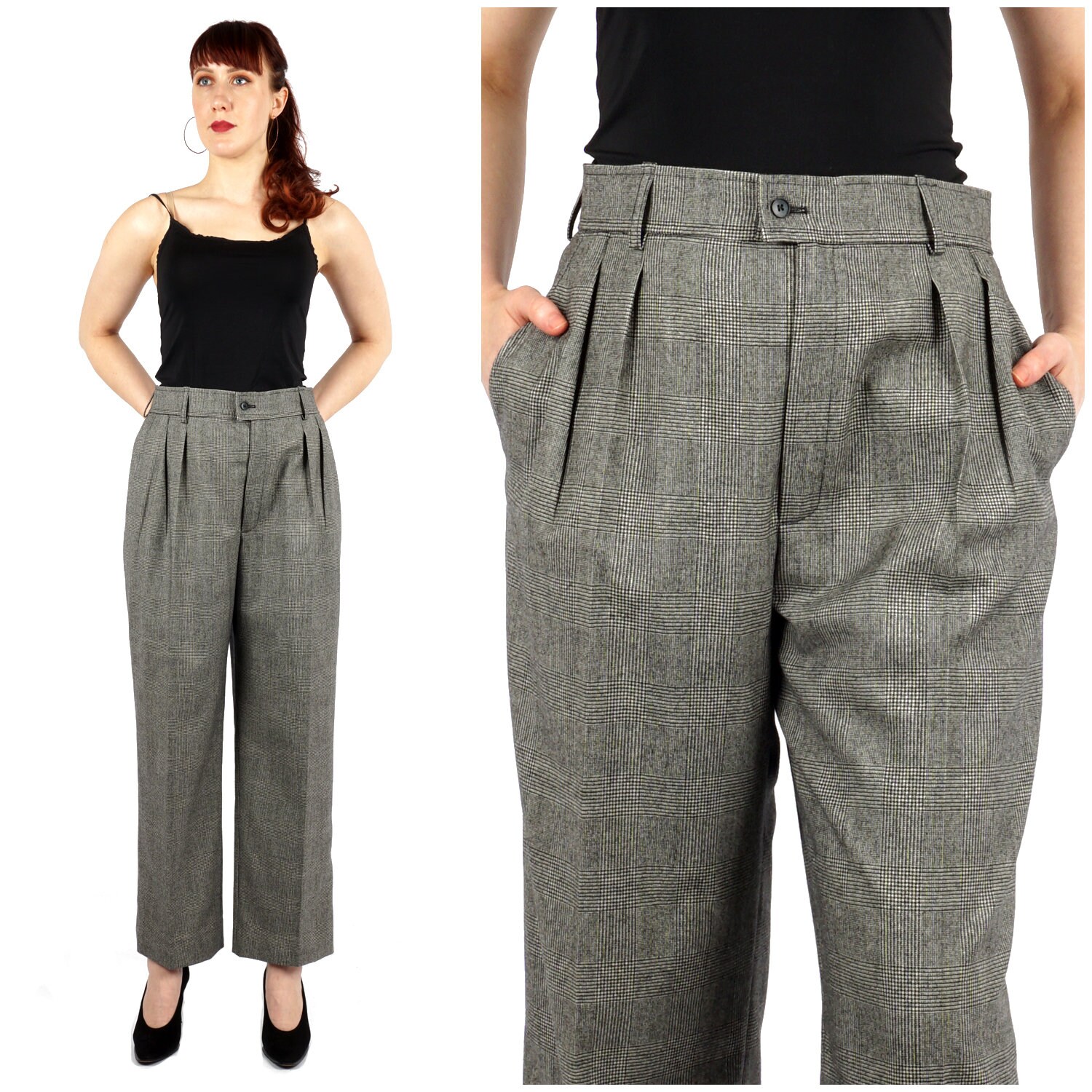 Vintage 80Er Jahre Graue Hahnentritt Tweed High Rise Kurz Hose Von Yves Saint Laurent | Mittel von AnimalHeadVintage