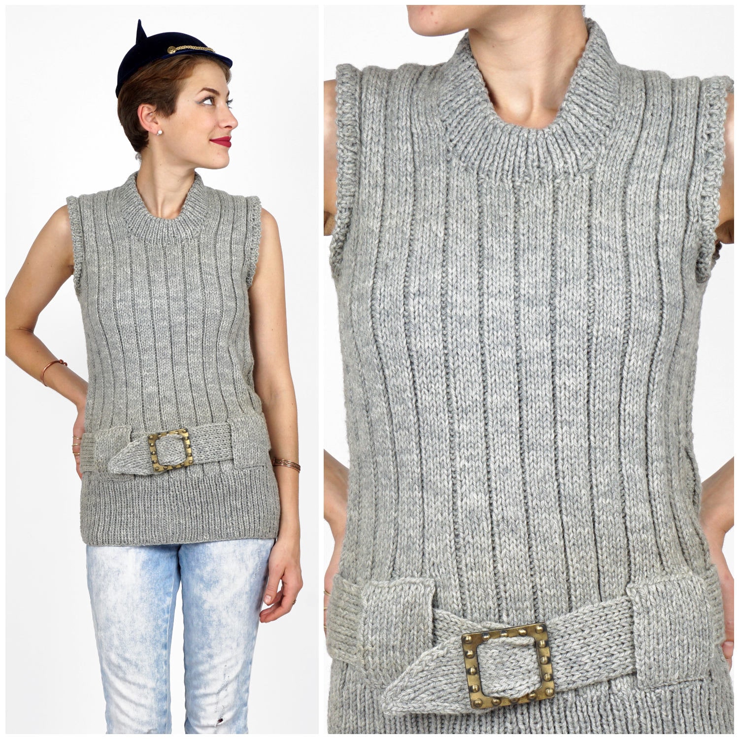 Vintage Lange 70Er/80Er Jahre Graue Gürtel Gerippte Ärmellose Pullover Weste Von Saks Fifth Ave | Größe S/M von AnimalHeadVintage