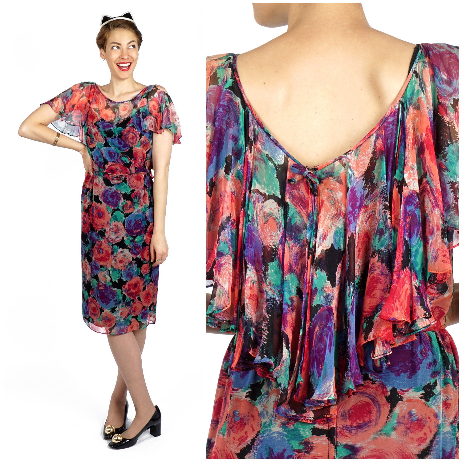 Wunderschöne Vintage 1960Er Jahre Rosa Und Lila Gedruckt Chiffon Floral Wiggle Kleid Mit Ärmel Flattern Cape Von Seibu | Kleine Mittlere von AnimalHeadVintage