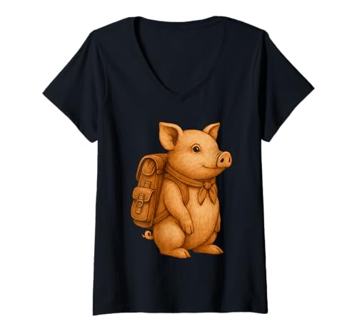 Damen Niedliches Schwein Backpacker Camping Wanderer Bauernhof Tier Schwein Wandern T-Shirt mit V-Ausschnitt von Animals Hiking and Camping Gifts